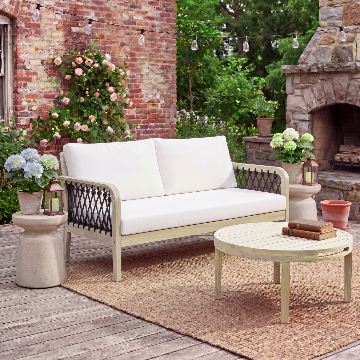 Teak Finish Solid Wood Outdoor Sofa Set with Cream Cushions