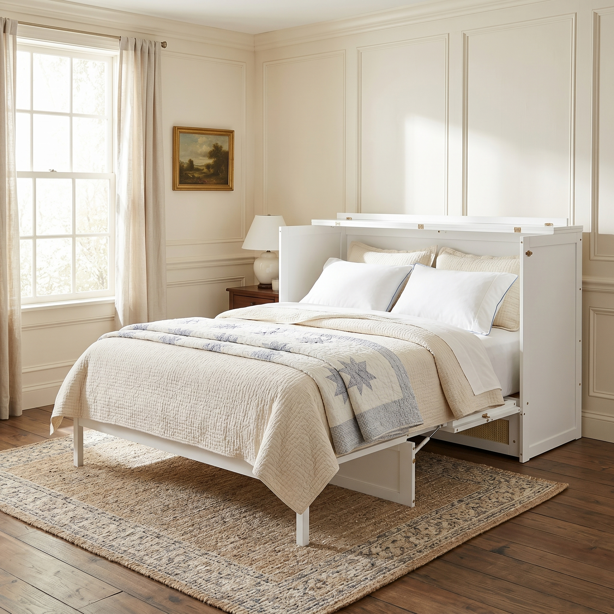 Queen Size Murphy Bed with Storage Drawers, White