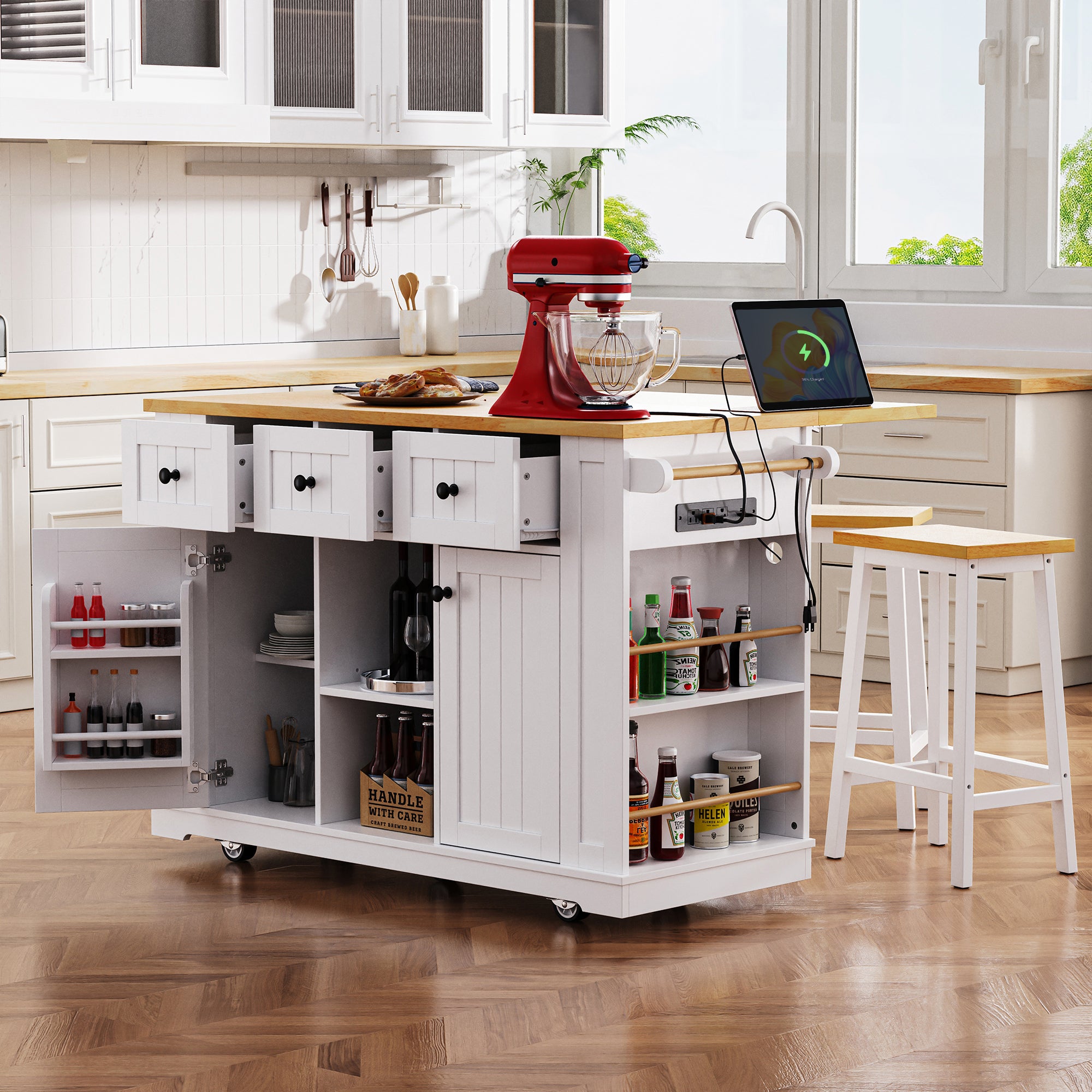 53in Kitchen Island with 2 Bar Stools, White, 3-Drawer Drop-Leaf