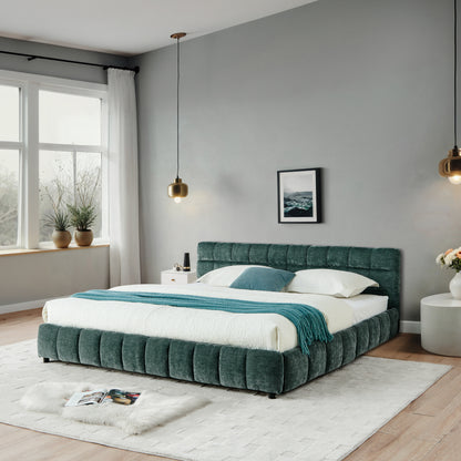 Wide bedroom shot of blue-green chenille storage bed near window
