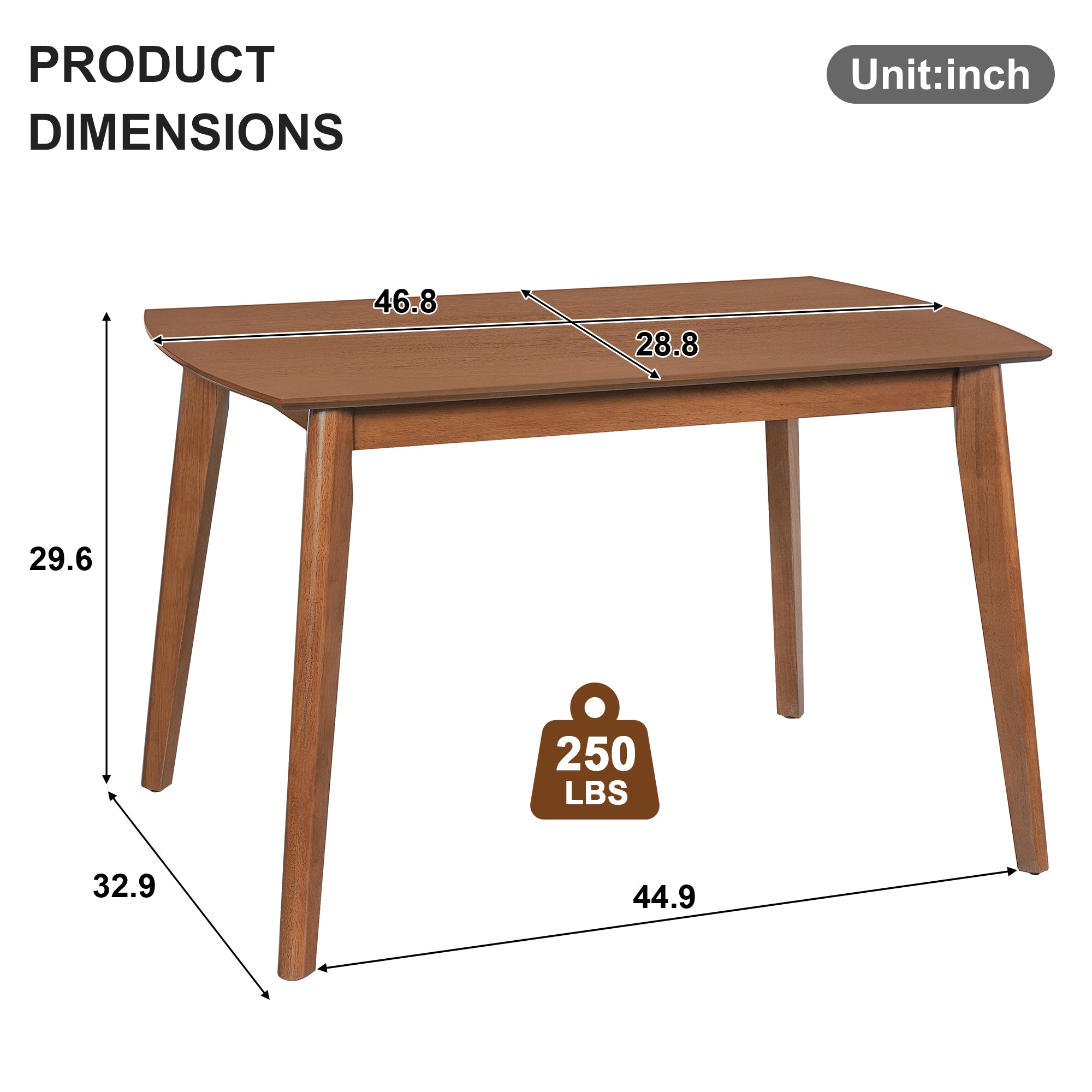 Dimension diagram of the mid-century dining table showing 46.8 in width, 28.8 in depth, 29.6 in height, 250 lb capacity