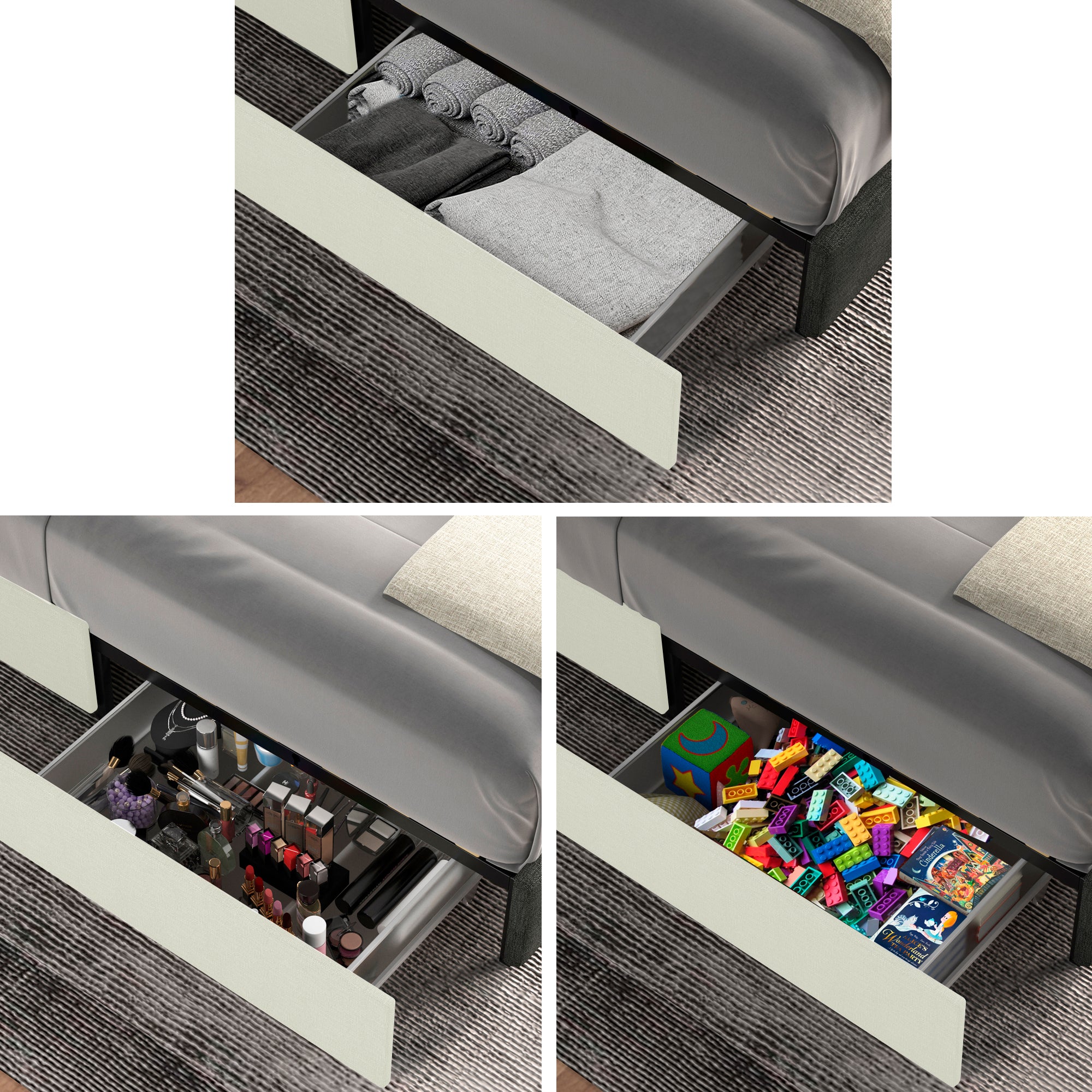 Three close-ups of the side storage drawers holding folded towels, cosmetics, and children's toys and books
