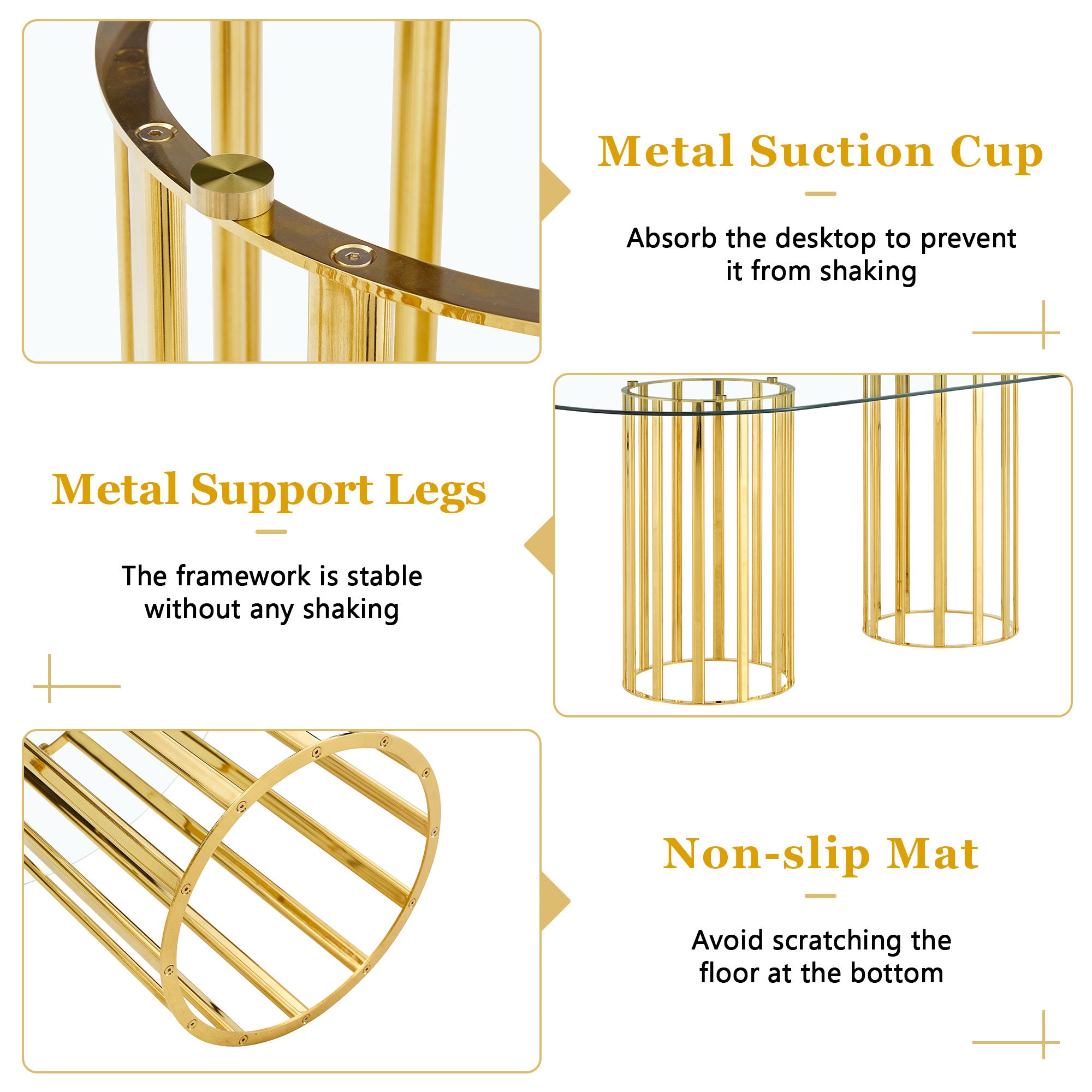 Detail graphic pointing out the metal suction cup, metal support legs, and non-slip mat on the gold base
