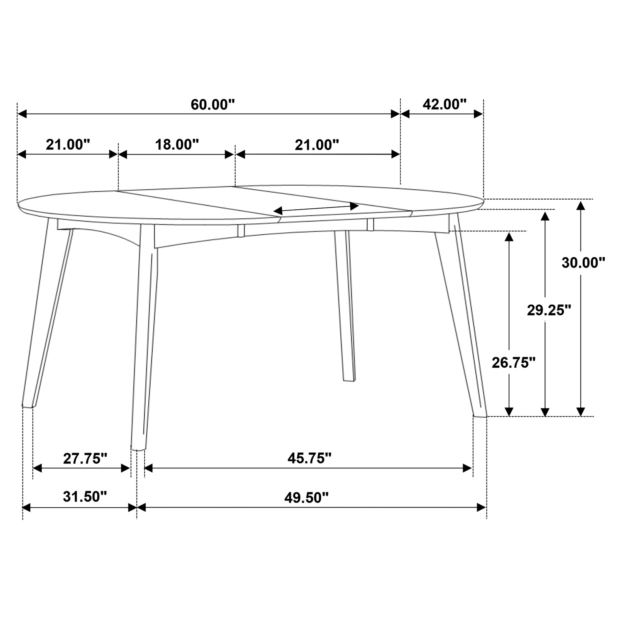 Dimension diagram of the table: 60 in long with the leaf, 42 in without, 30 in high