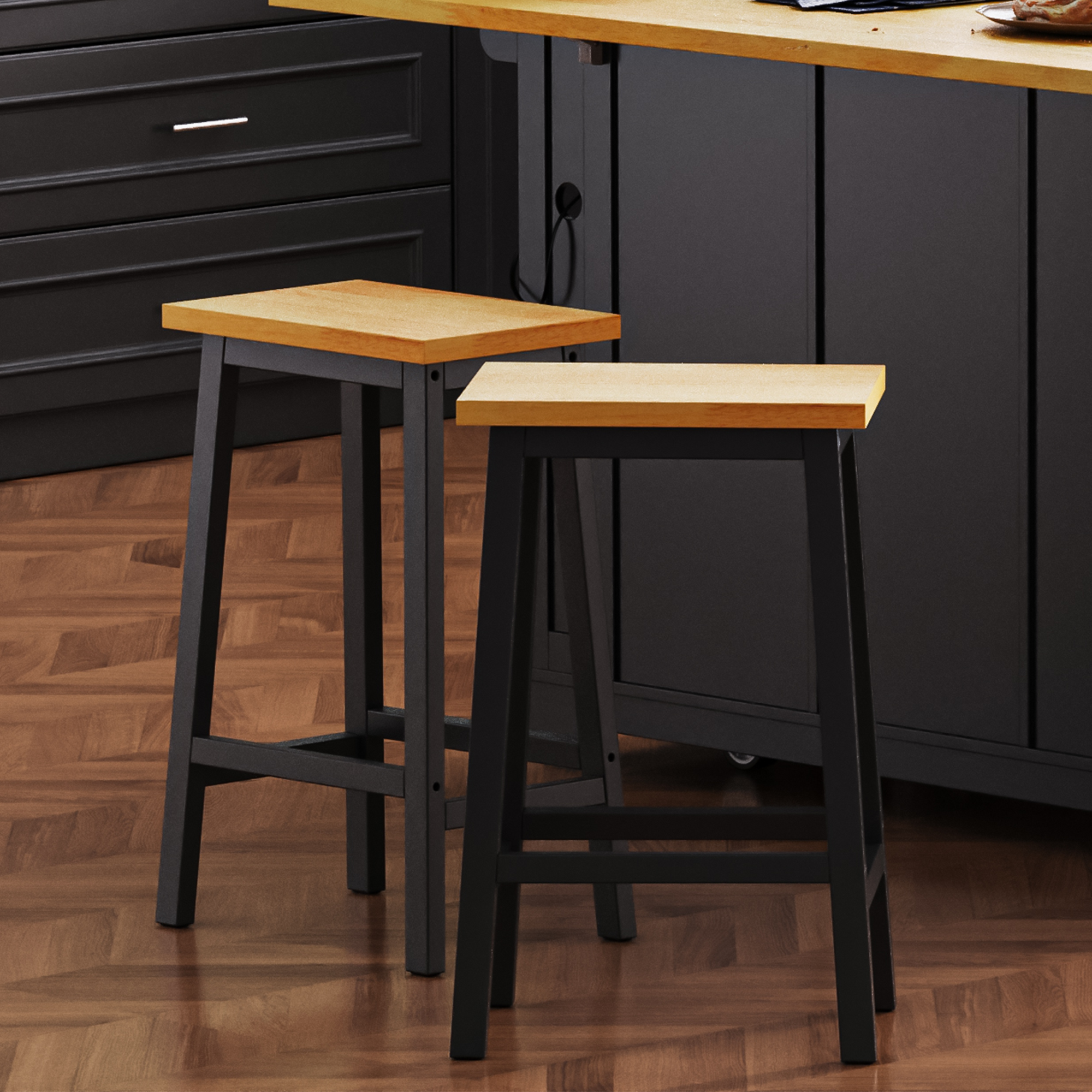 Counter Stools Set of 2, Backless with Wood Seat and Black Legs