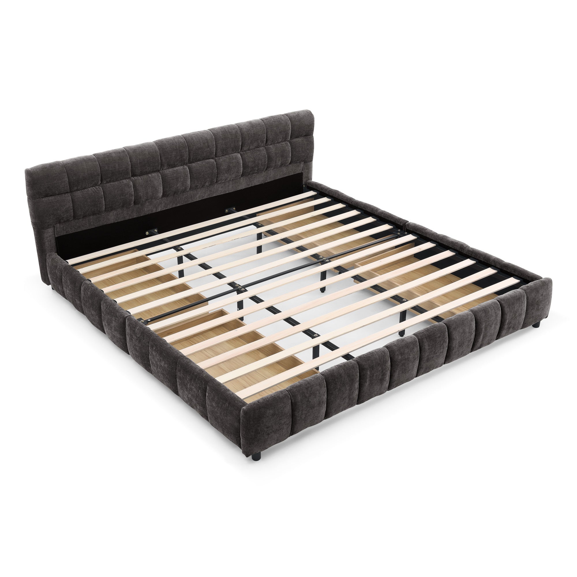Dark gray king bed frame with storage drawer pulled out, top-down angle