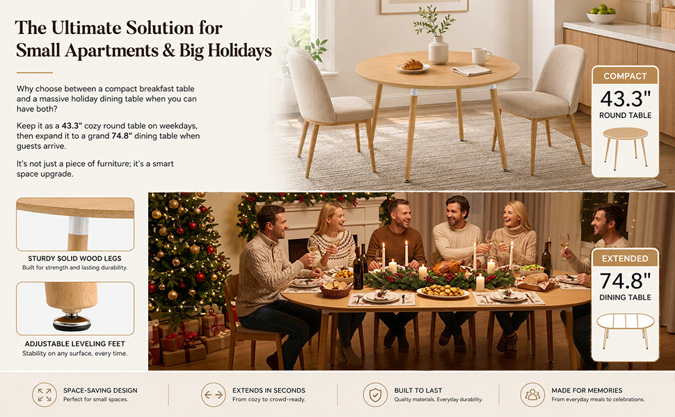 Feature graphic pairing the compact round table with an extended holiday table for small spaces