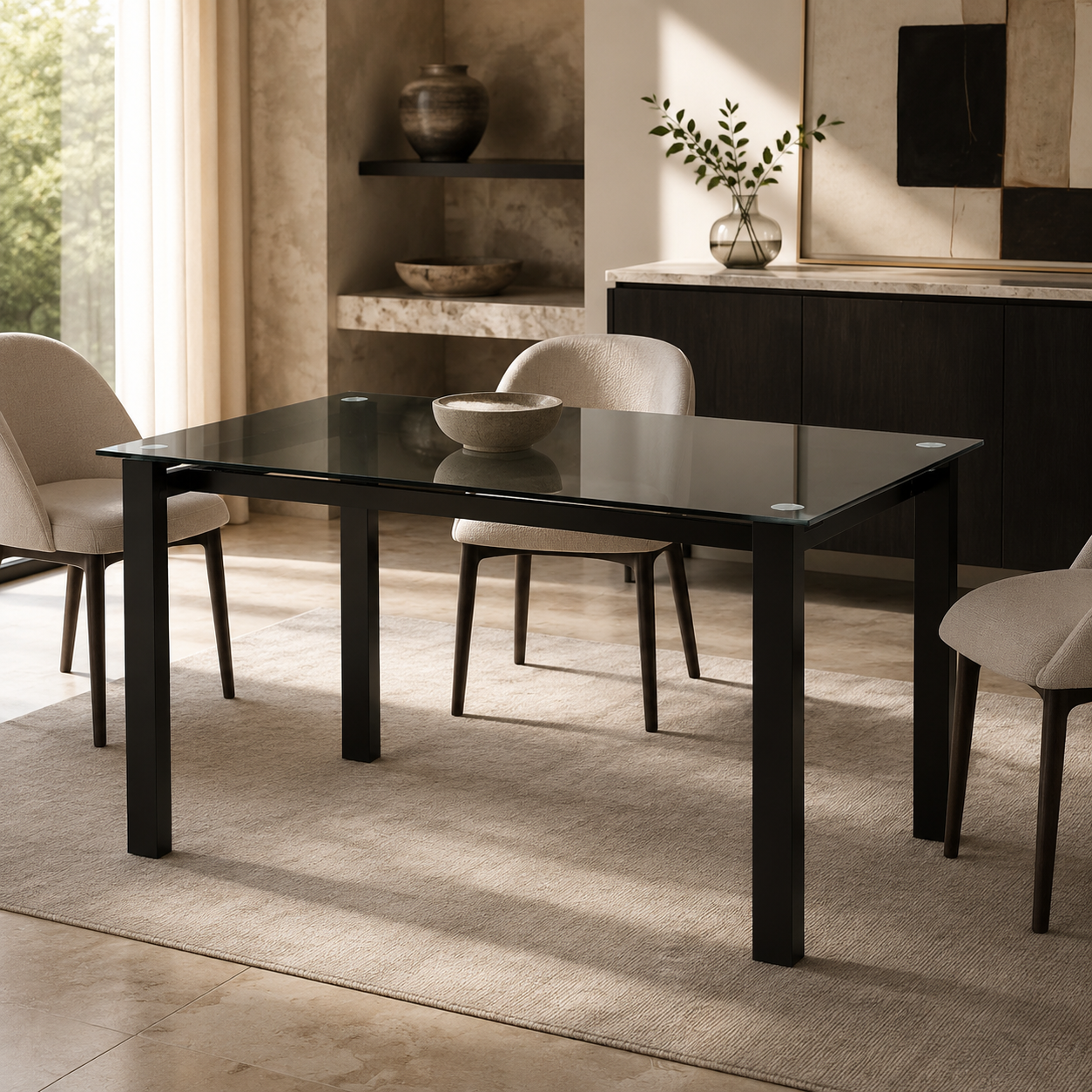Glass Dining Table, Black Tempered - Iron Base, 52 In