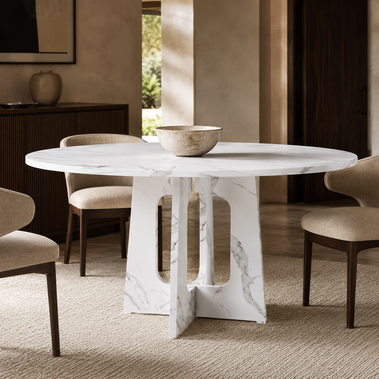 Faux Marble Round Dining Table, White - Cross Pedestal