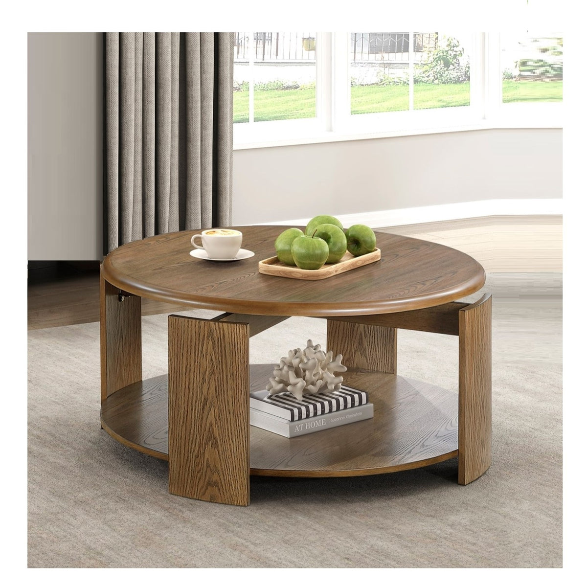 Brown Round Coffee Table with Storage, 39.5 in