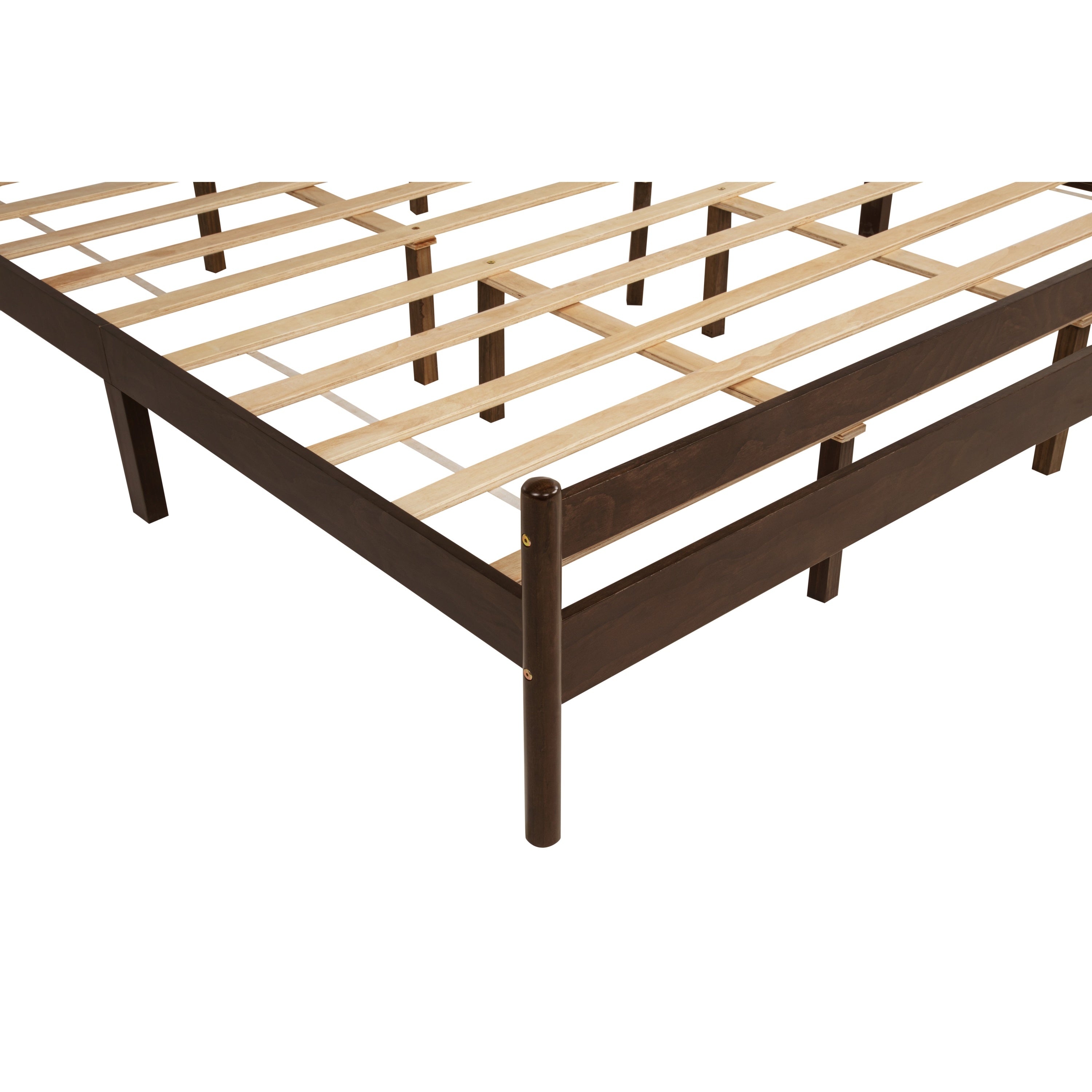 Angled close-up of footboard corner and slat base