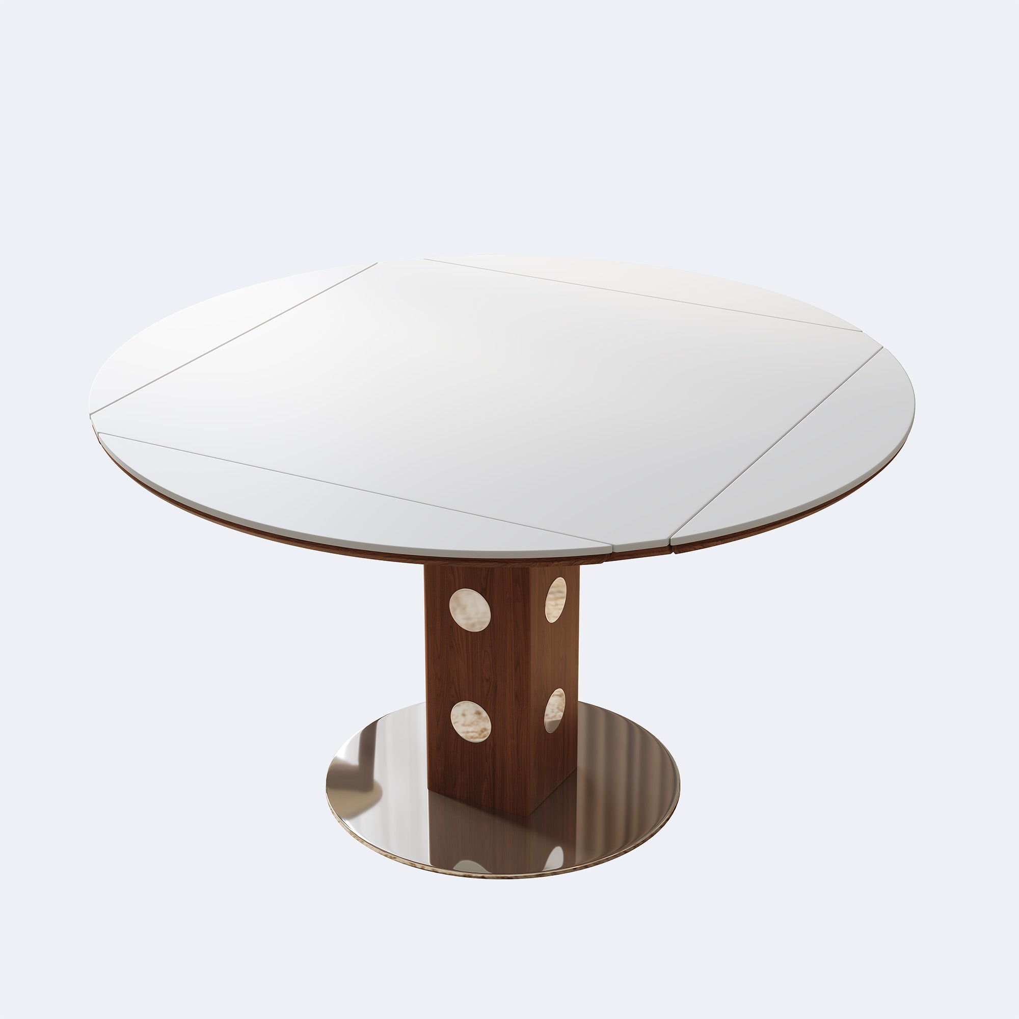 Three-quarter studio view of the table extended to round with walnut column base