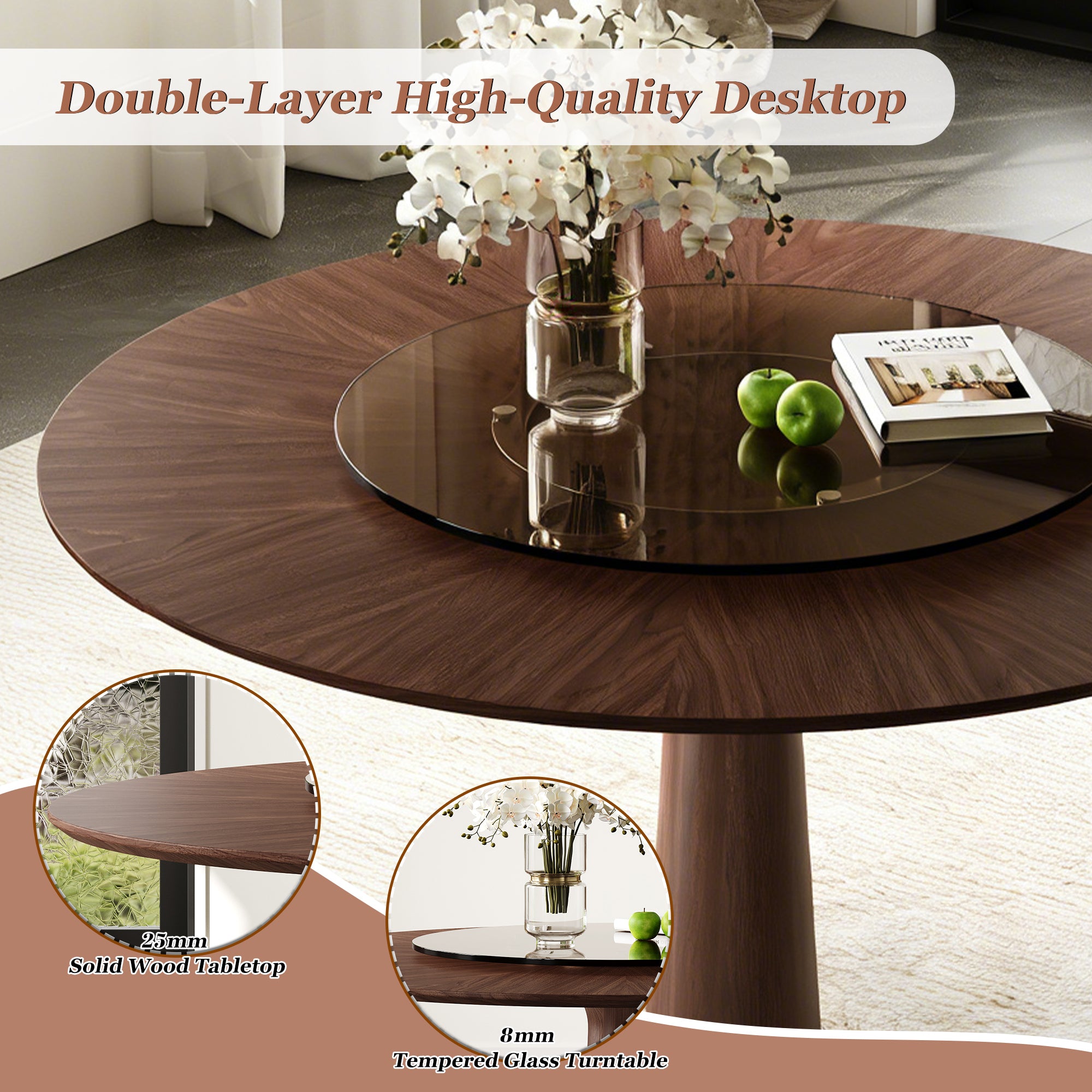 Feature graphic showing the double-layer top: 25mm solid wood tabletop and 8mm glass turntable