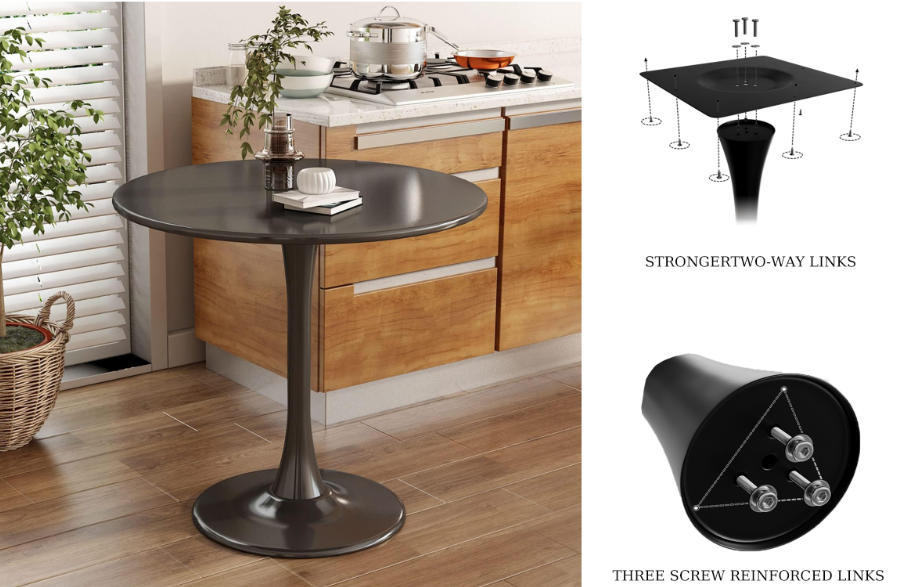 Feature graphic of the black round dining table in a kitchen with two-way link and screw-link diagrams