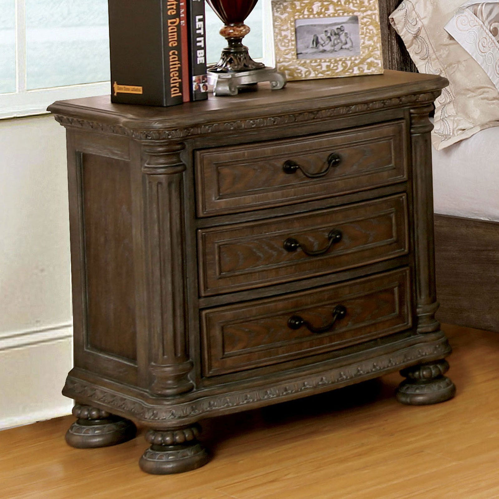 Solid Wood 3-Drawer Nightstand, Natural Rustic Finish
