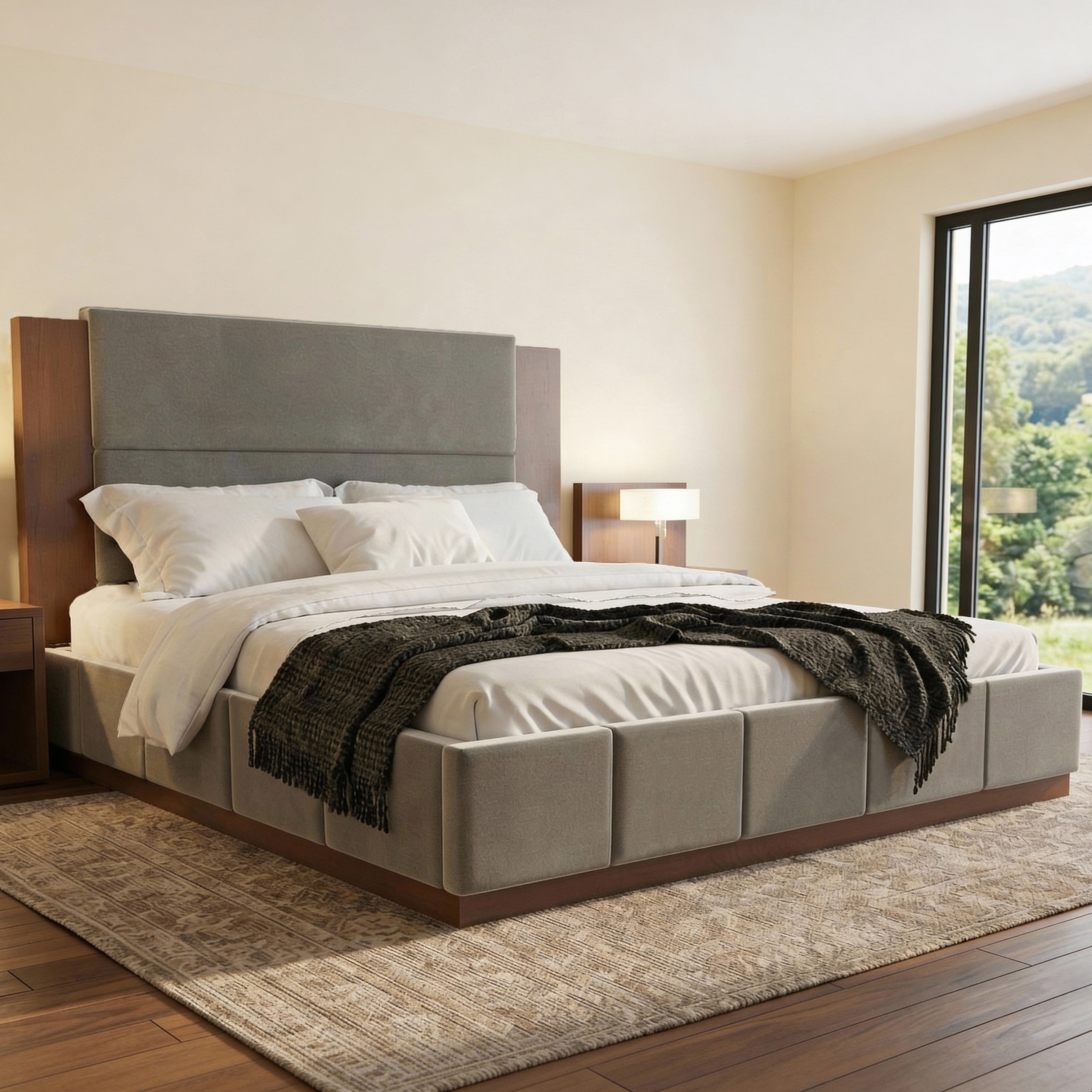Grey velvet wooden king bed in bedroom with garden-view window