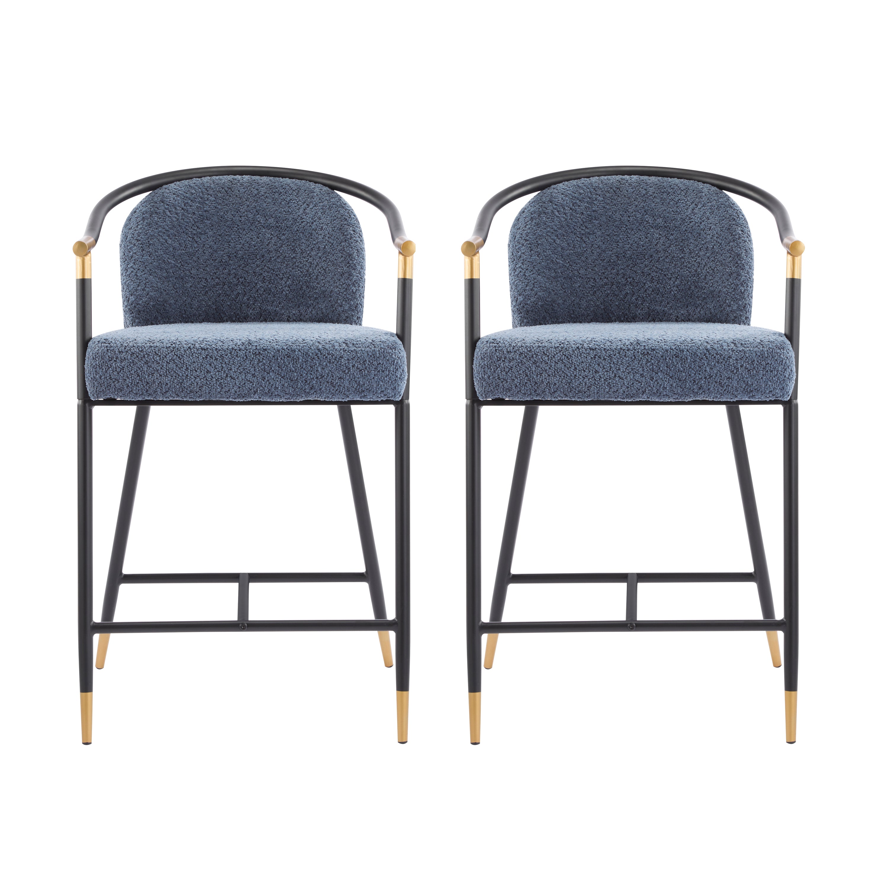 Counter Stool Set of 2, Navy Boucle with Black and Gold Frame