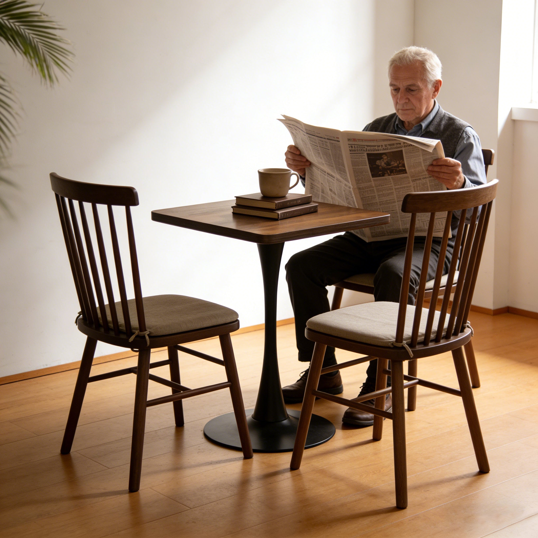 Older man reading a newspaper at the walnut square tulip bistro table set with two spindle-back chairs