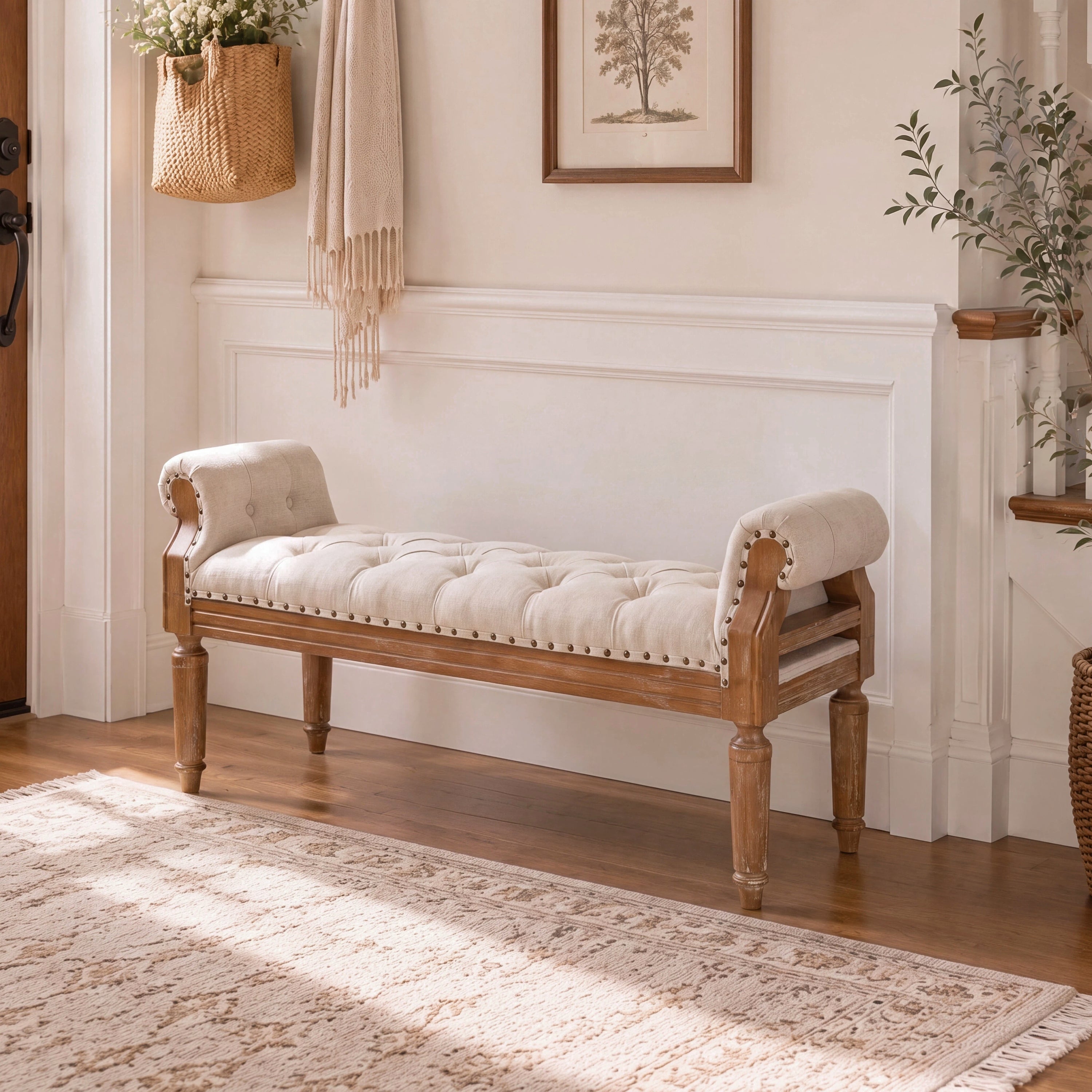 Mid-Century Bench, Beige Tufted Linen End of Bed Bench, Teak Legs