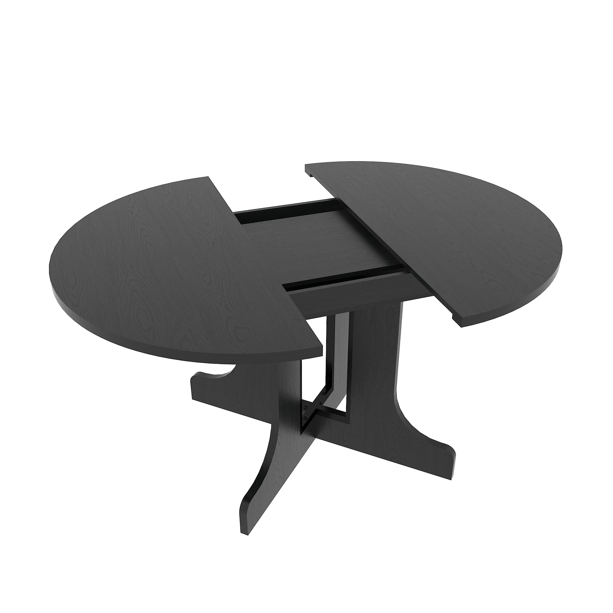 Black table separated into two round halves on a white background, X-pedestal and extension exposed