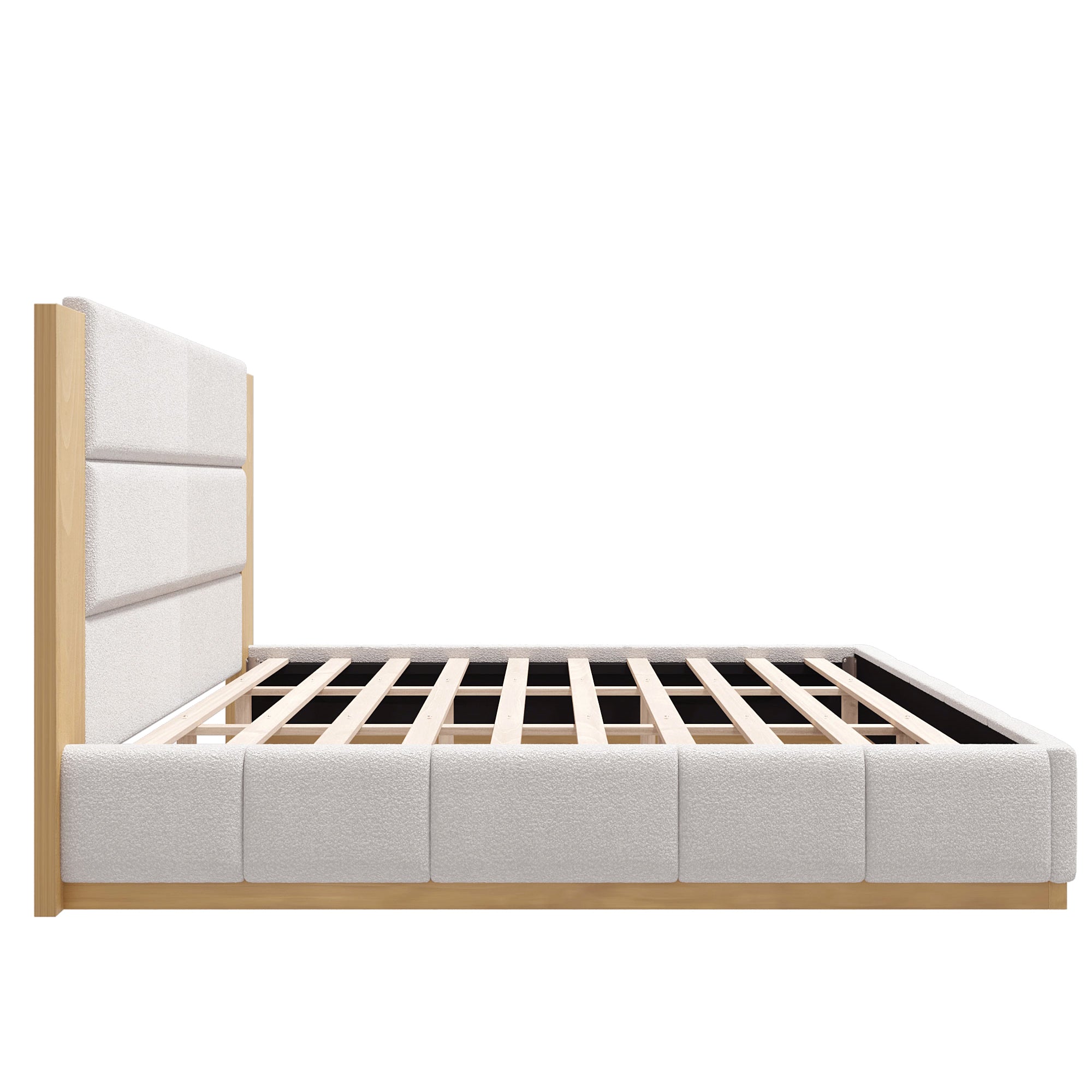 Front view of white boucle king bed frame with wood plinth base