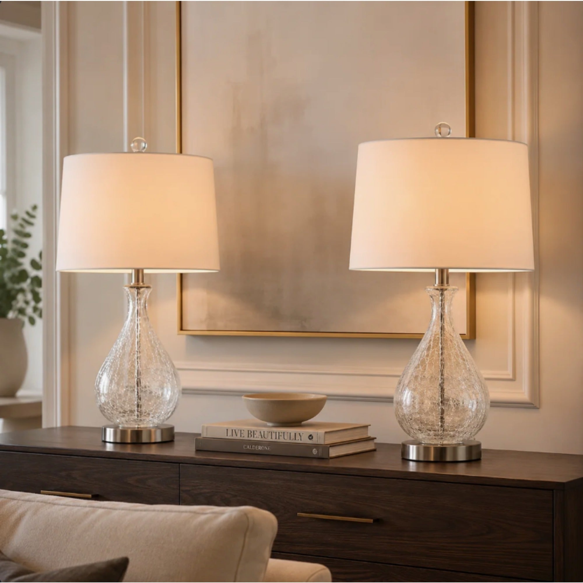 Table Lamp with Glass Base and Linen Shade in Nickel