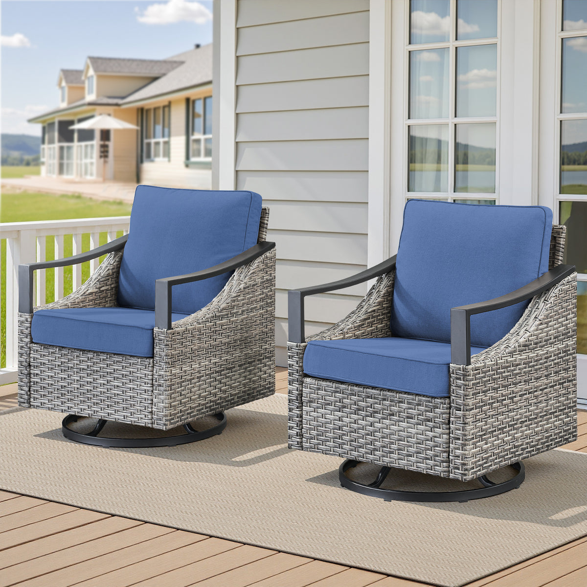 Gray Wicker Outdoor Glider Chair with Blue Cushions, Set of 2
