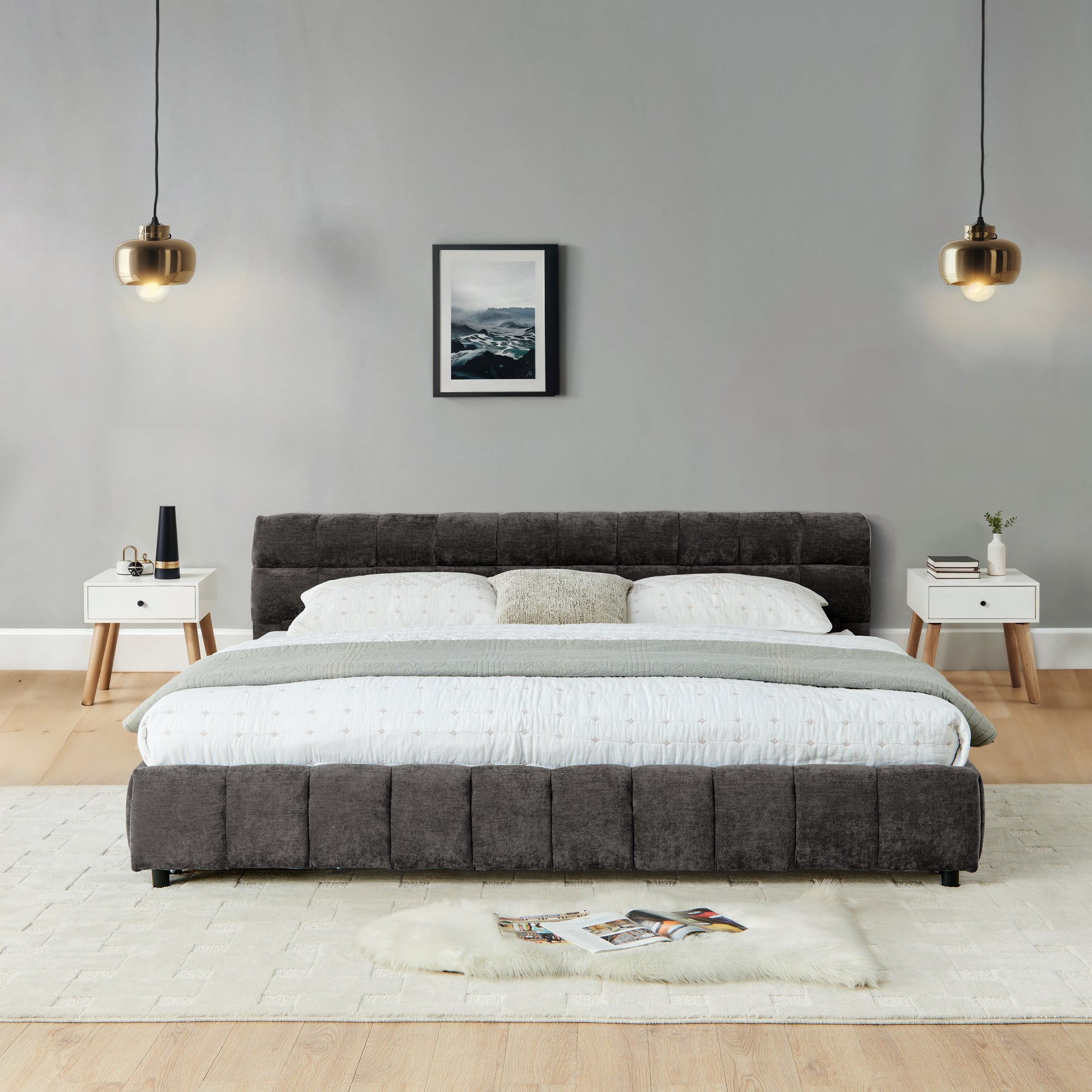 California King bed frame with two storage drawers open, pillow inside