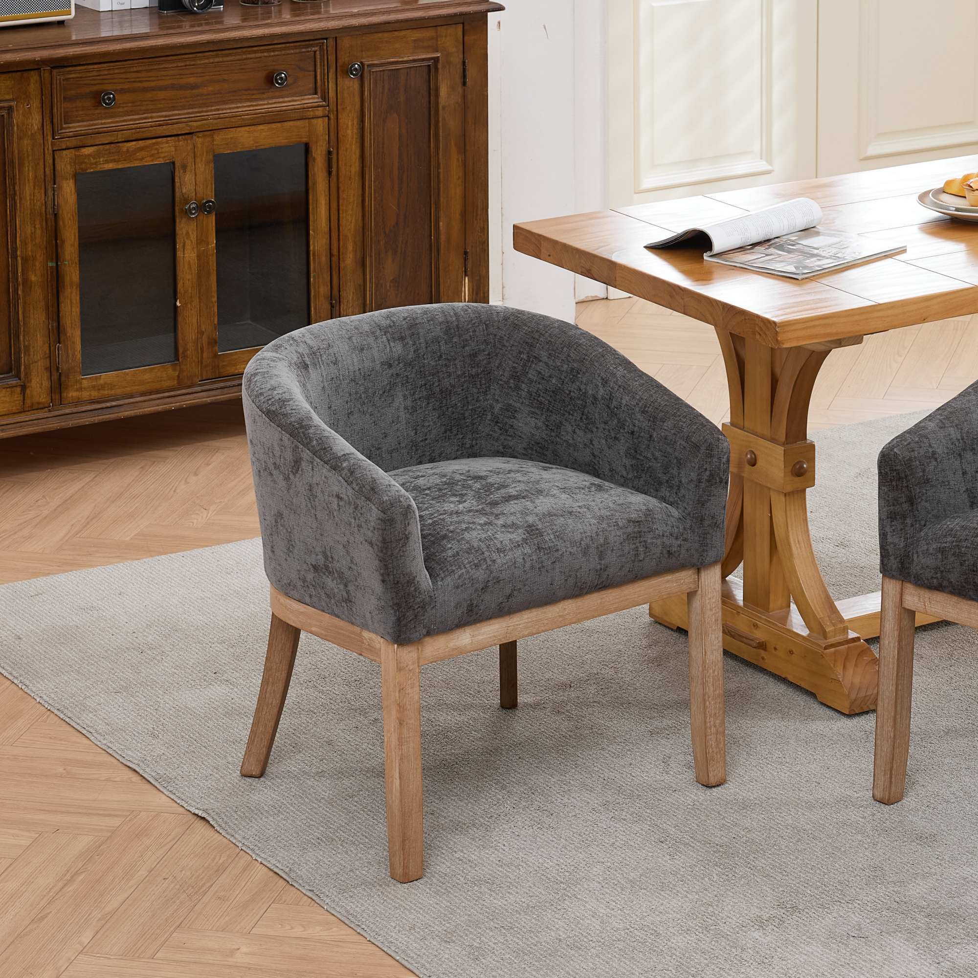 Chenille Barrel Dining Chair, Gray with Curved Arms