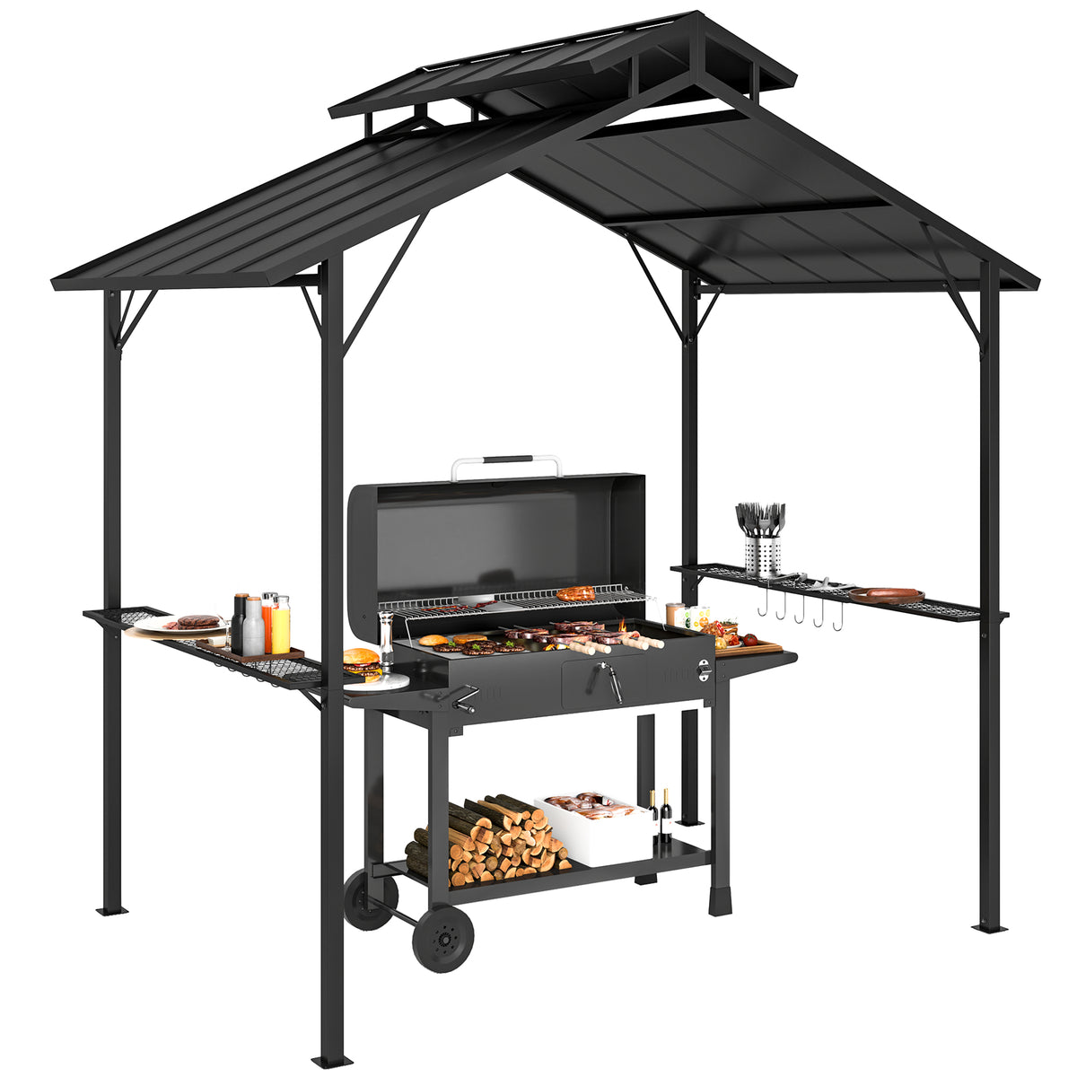 5x8 ft Black Metal Hardtop Gazebo with Side Shelves