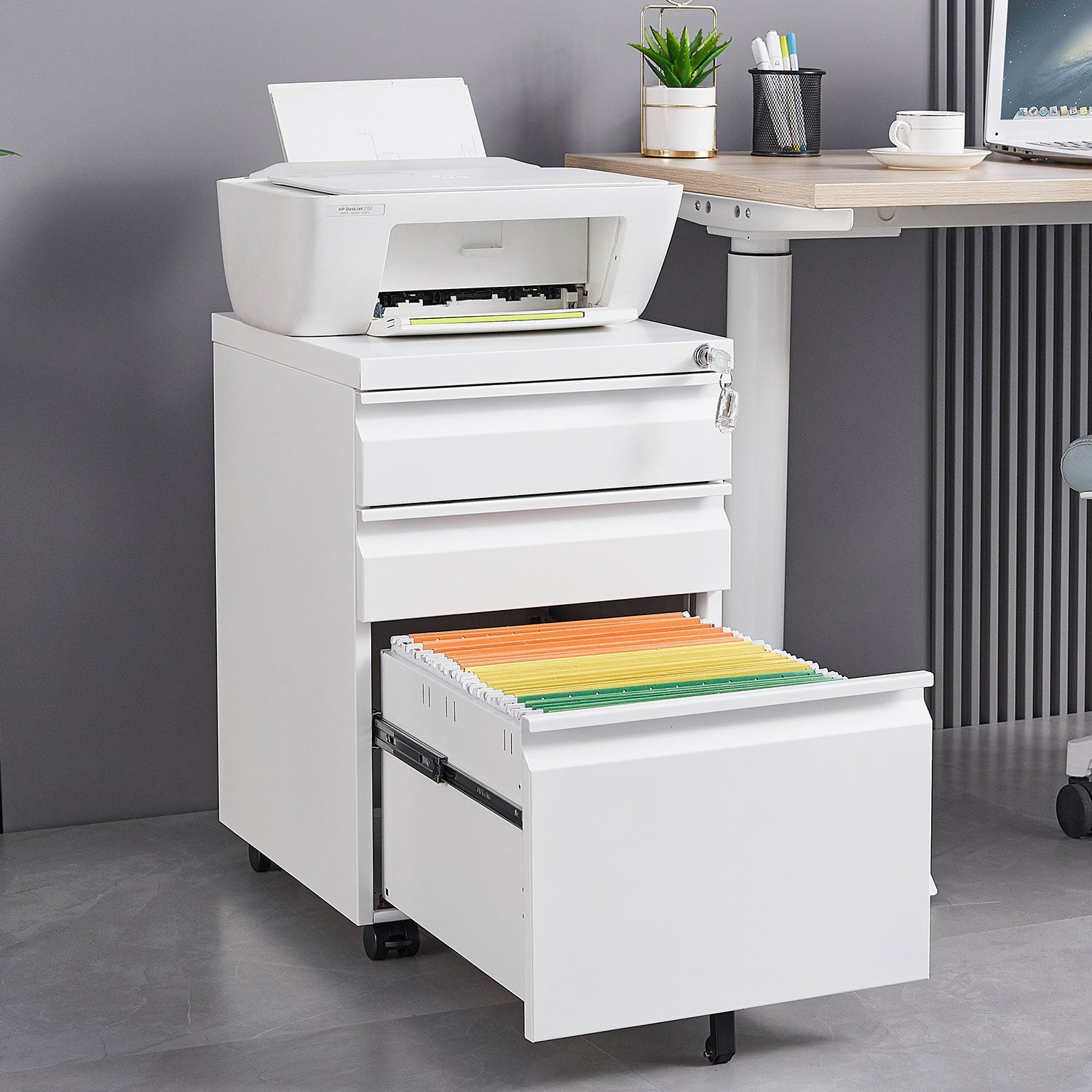 Rolling File Cabinet with Drawers and Lock, Filing Cabinet, 17.3 in, White