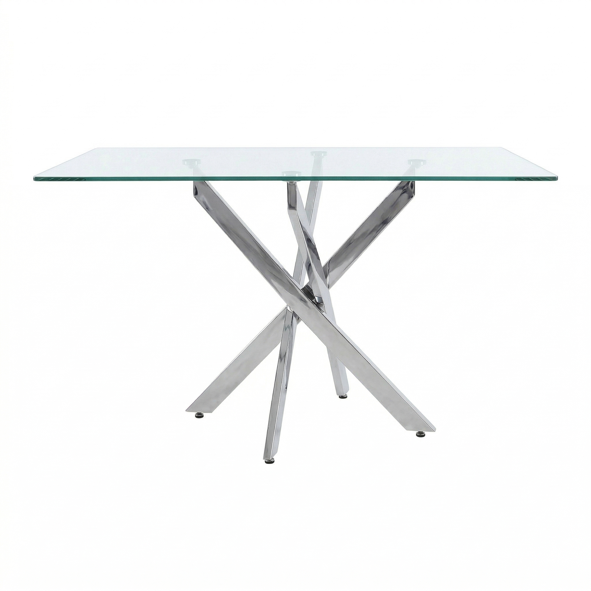 Wide three-quarter studio view of the glass dining table with silver legs