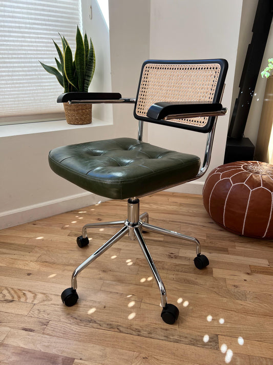 Mid Century Modern Desk & Office Chair – Handwoven Rattan & Vegan Leather