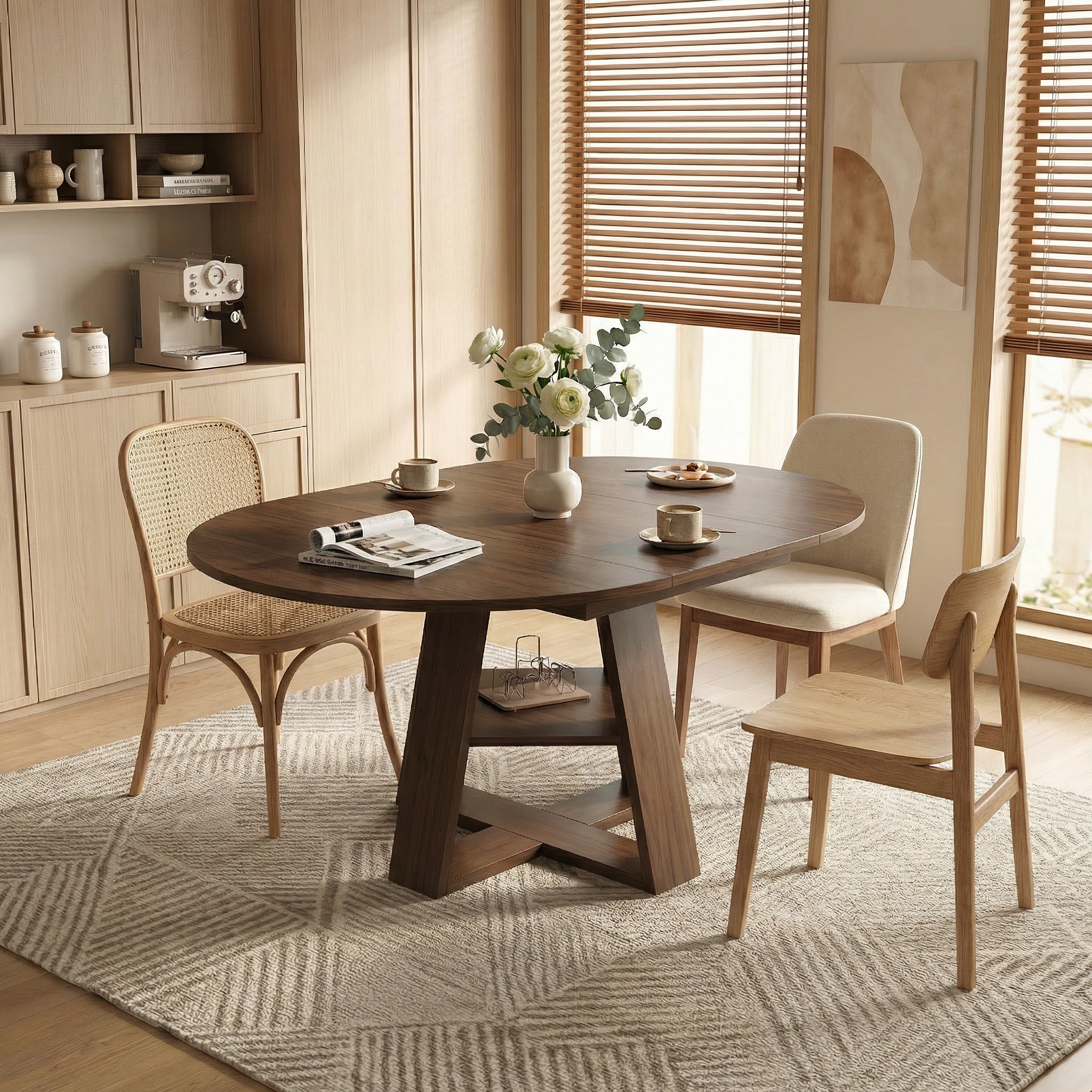 Styled dining nook with the walnut extendable round table, cross base and lower shelf