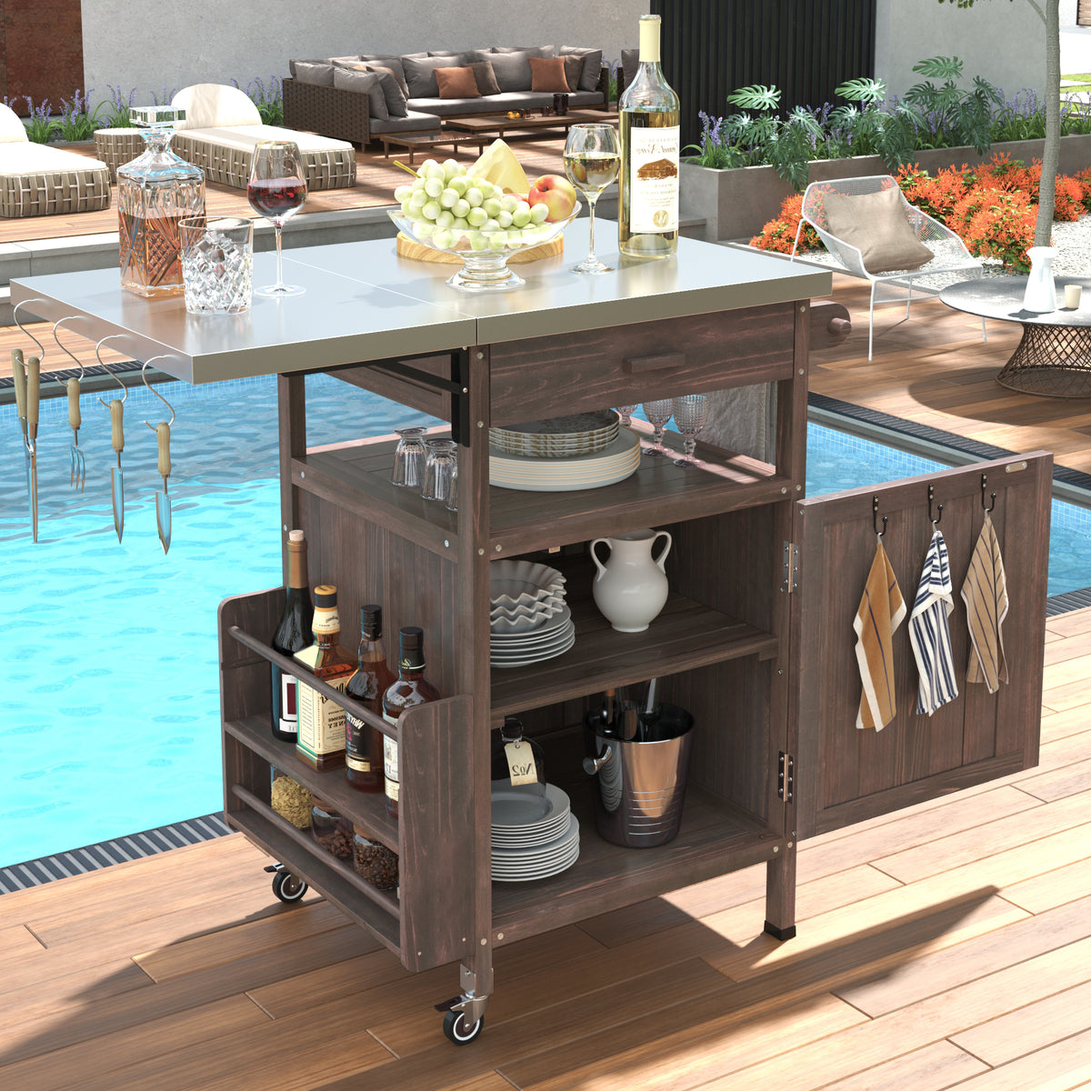 Brown Solid Wood Grill Cart with Wheels, Drop Leaf