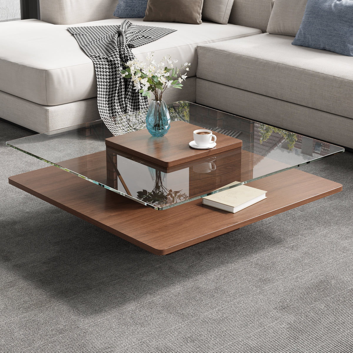 Walnut Glass Top Square Coffee Table with Storage, 31.5 in