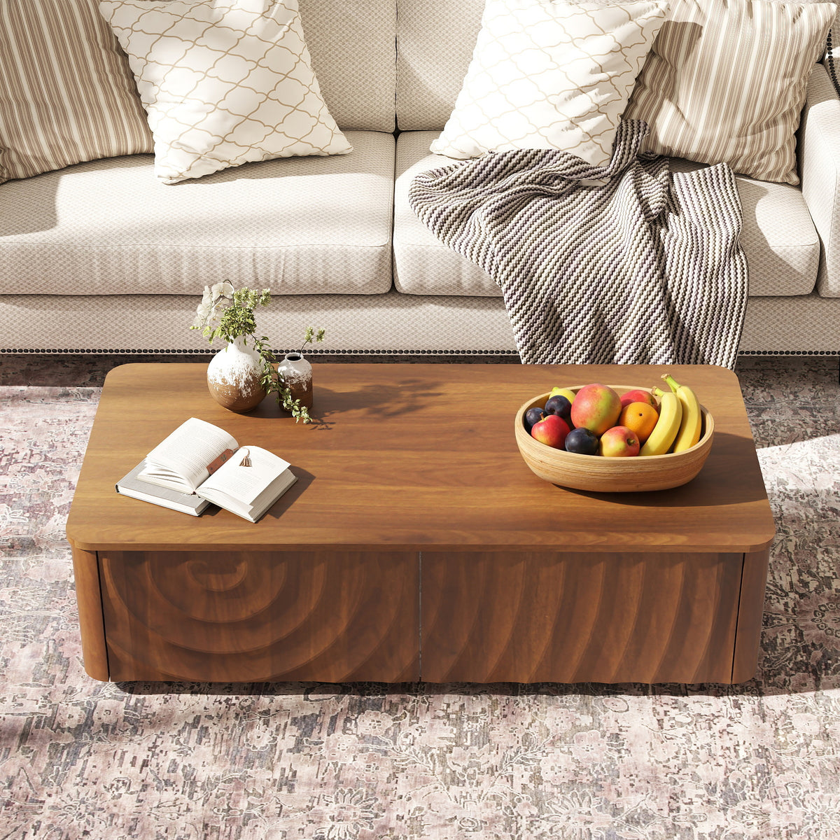 Walnut Rectangular Coffee Table, 2 Drawers, 47.2 in