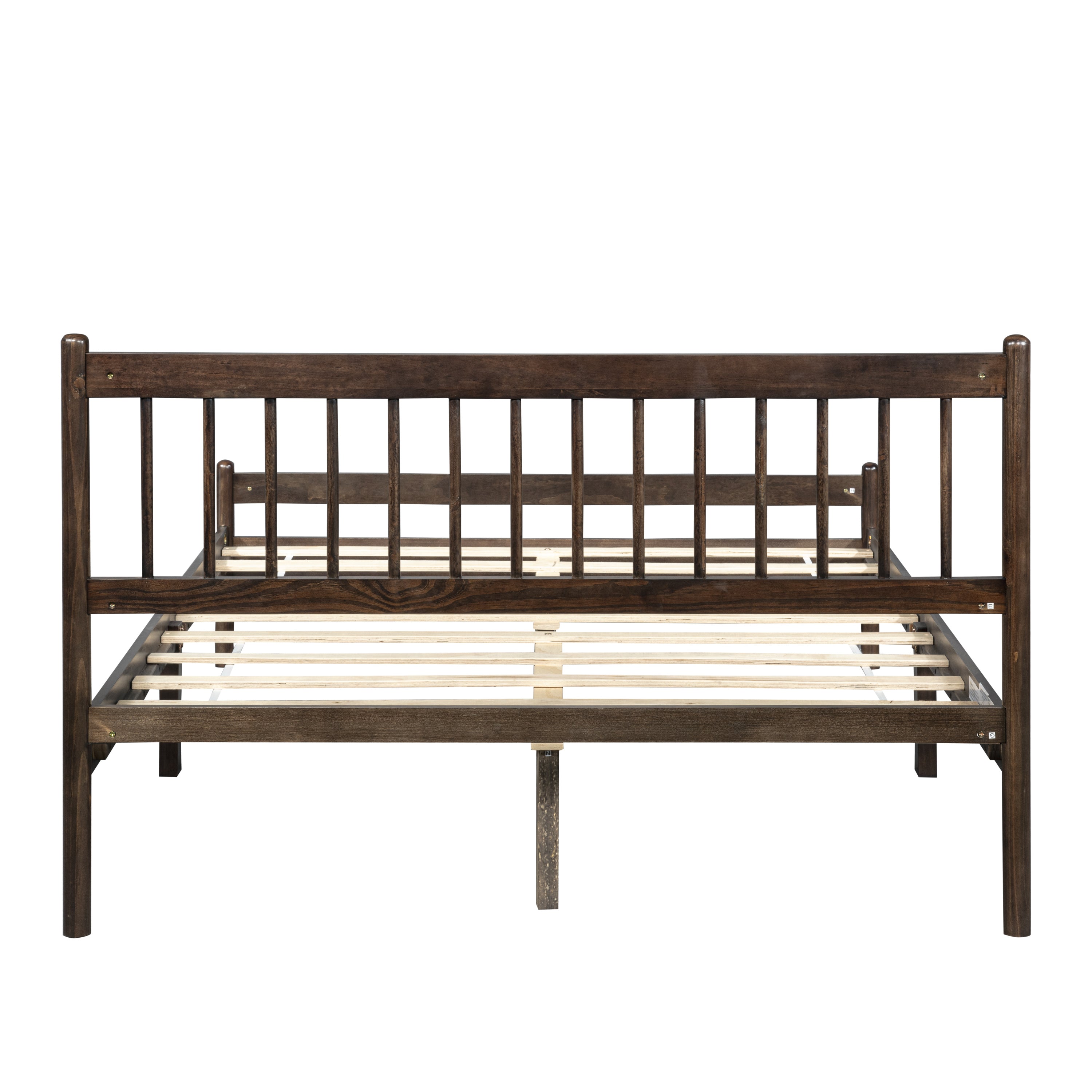 Side-on view of a dark brown pinewood queen bed with spindle headboard, footboard, and wood slats #Color_Brown