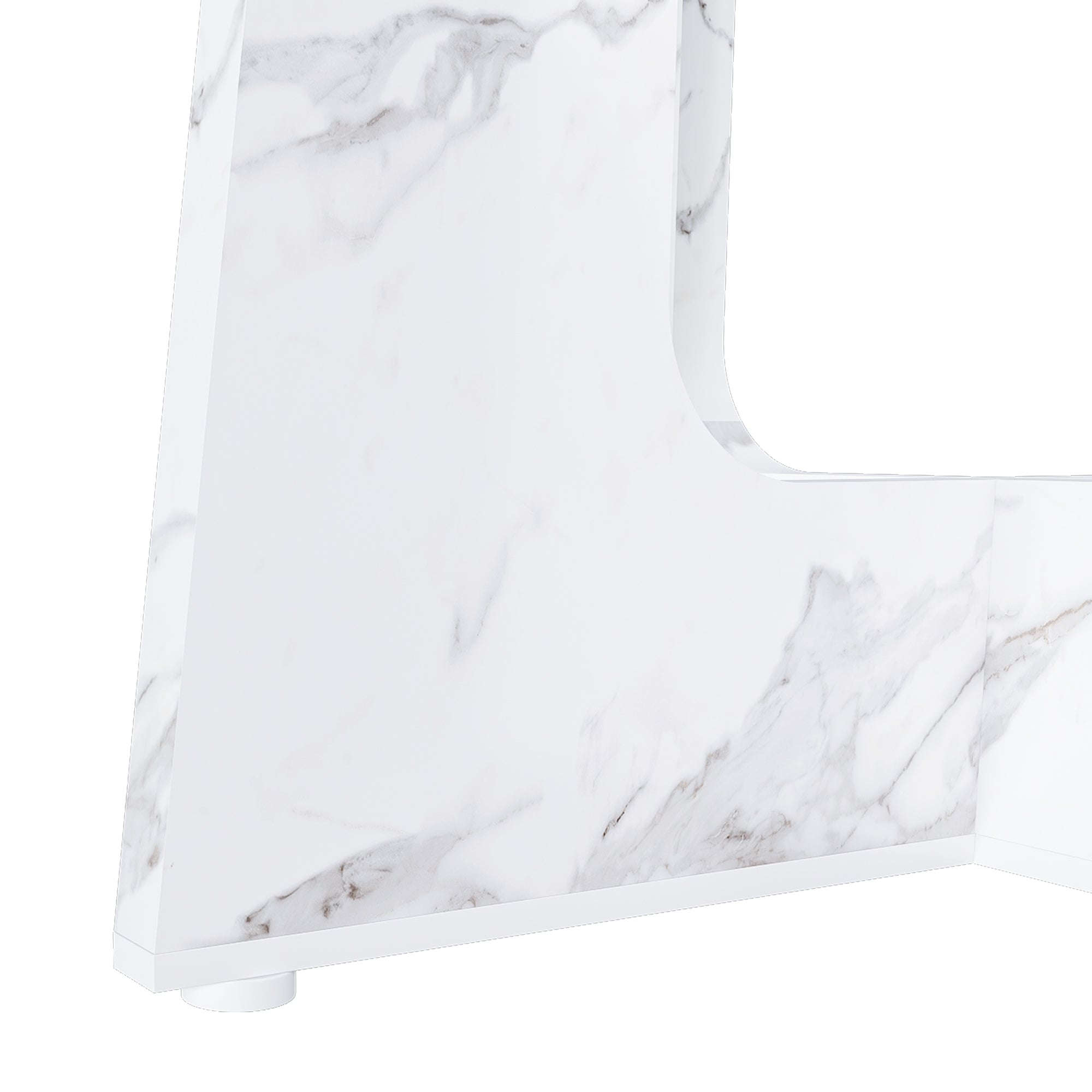 Close-up of the faux marble pedestal panel showing the veined finish