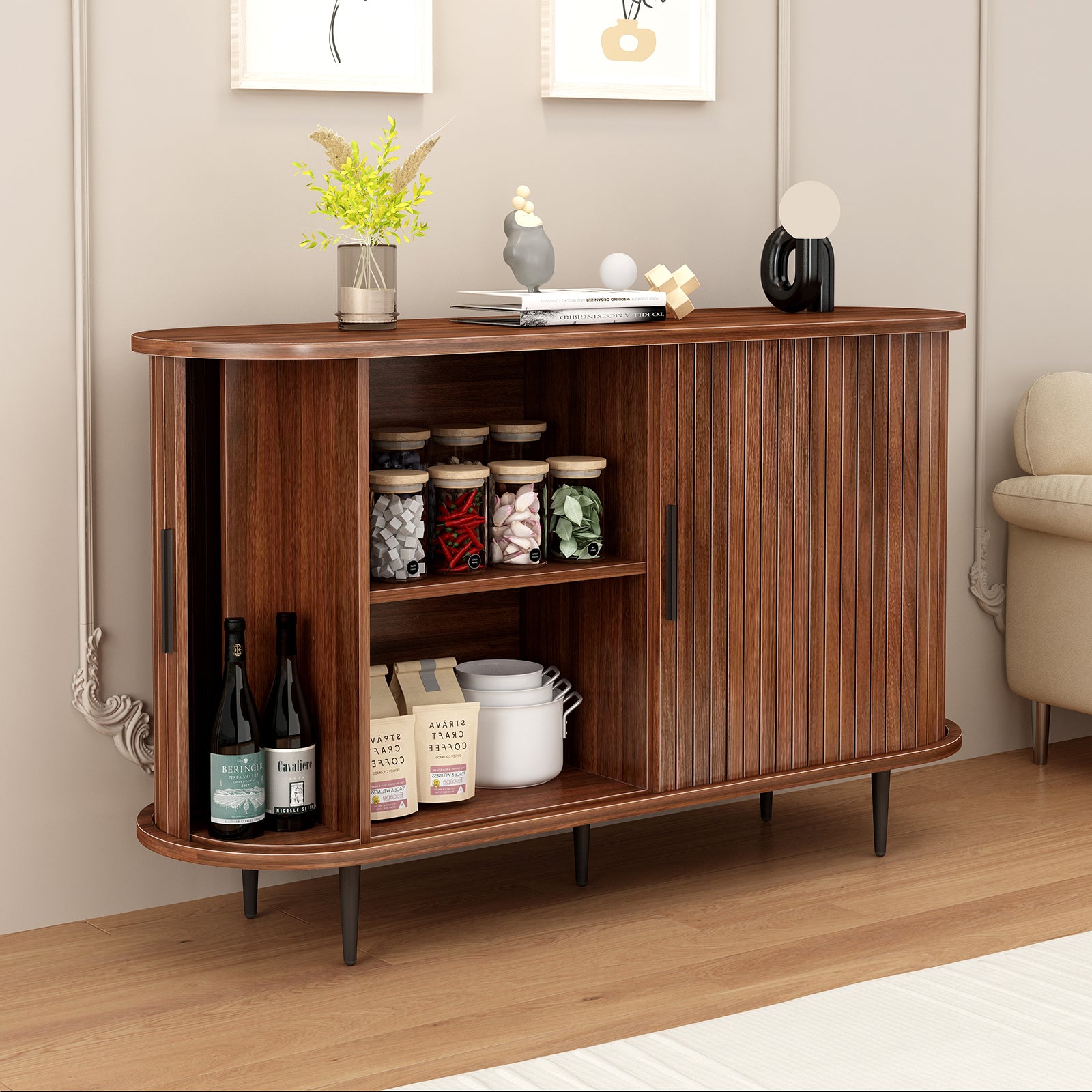 Mid-Century Walnut Sideboard, 47in Tambour Sliding Doors