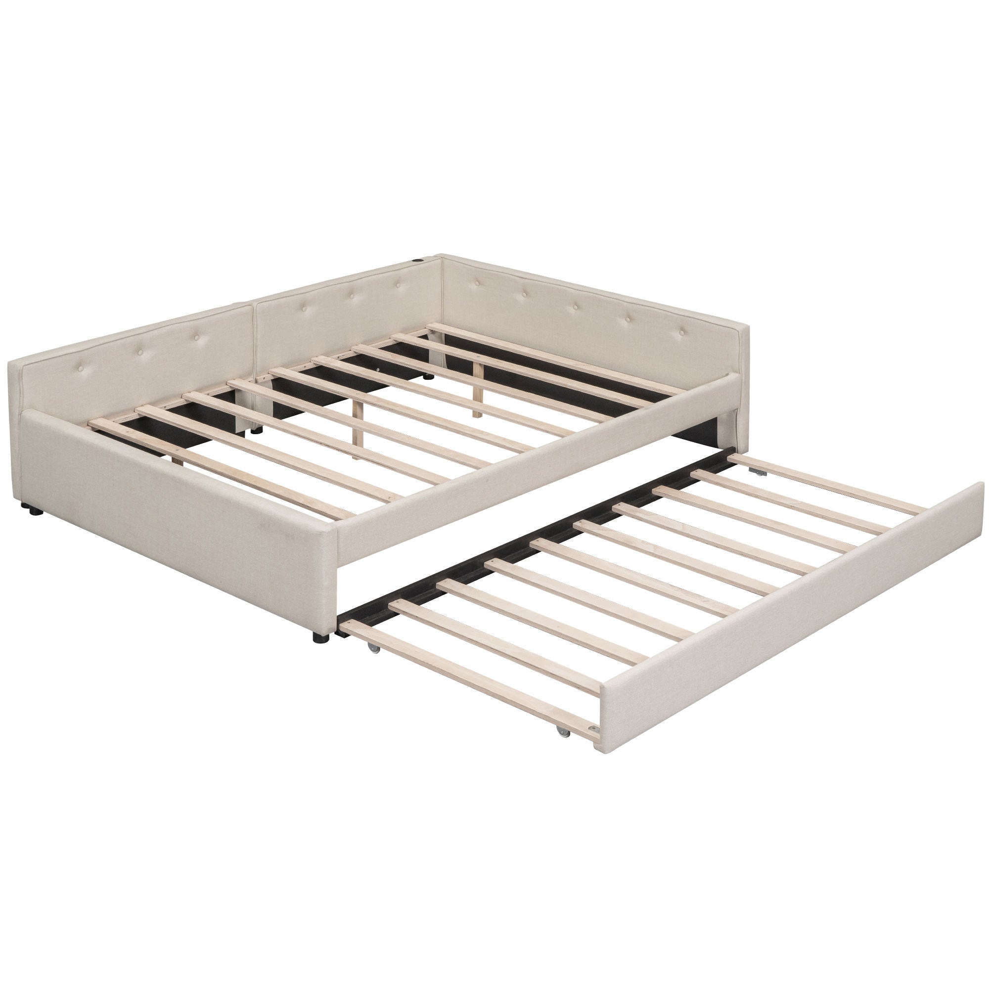 Linen Upholstered Platform Bed with USB Charging and Trundle