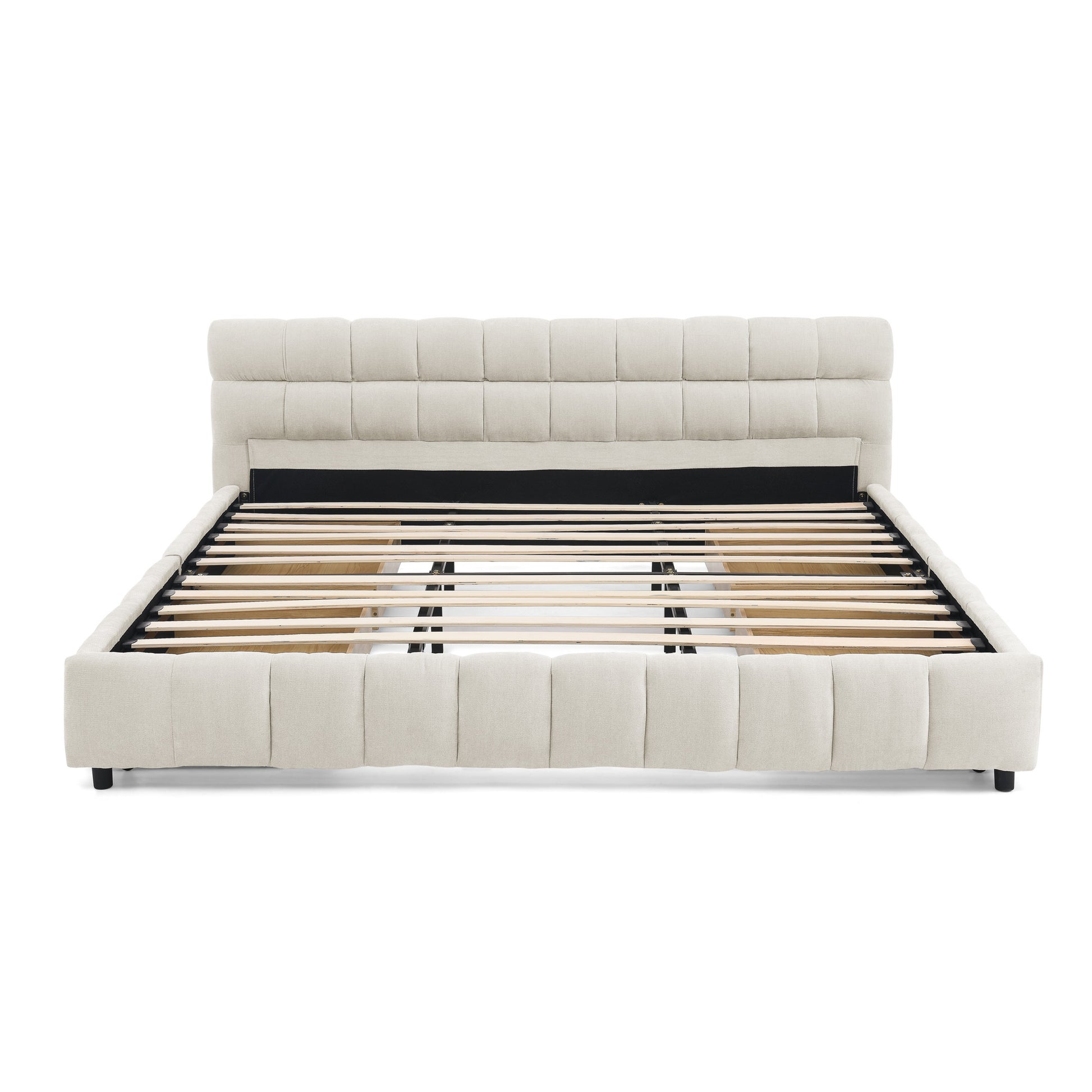 Front view of beige chenille king bed frame on white background