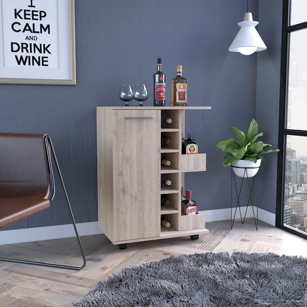 Light Gray Bar Cart with 6-Bottle Wine Rack & Cabinet
