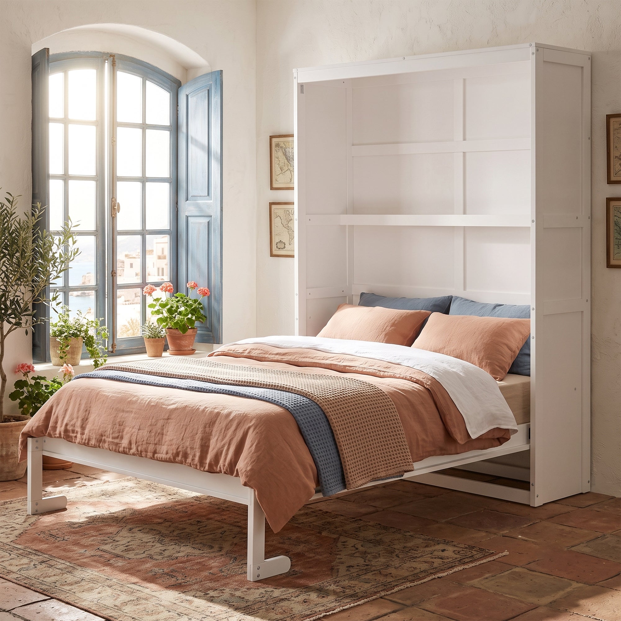 Full Size Murphy Bed with Shelves, White