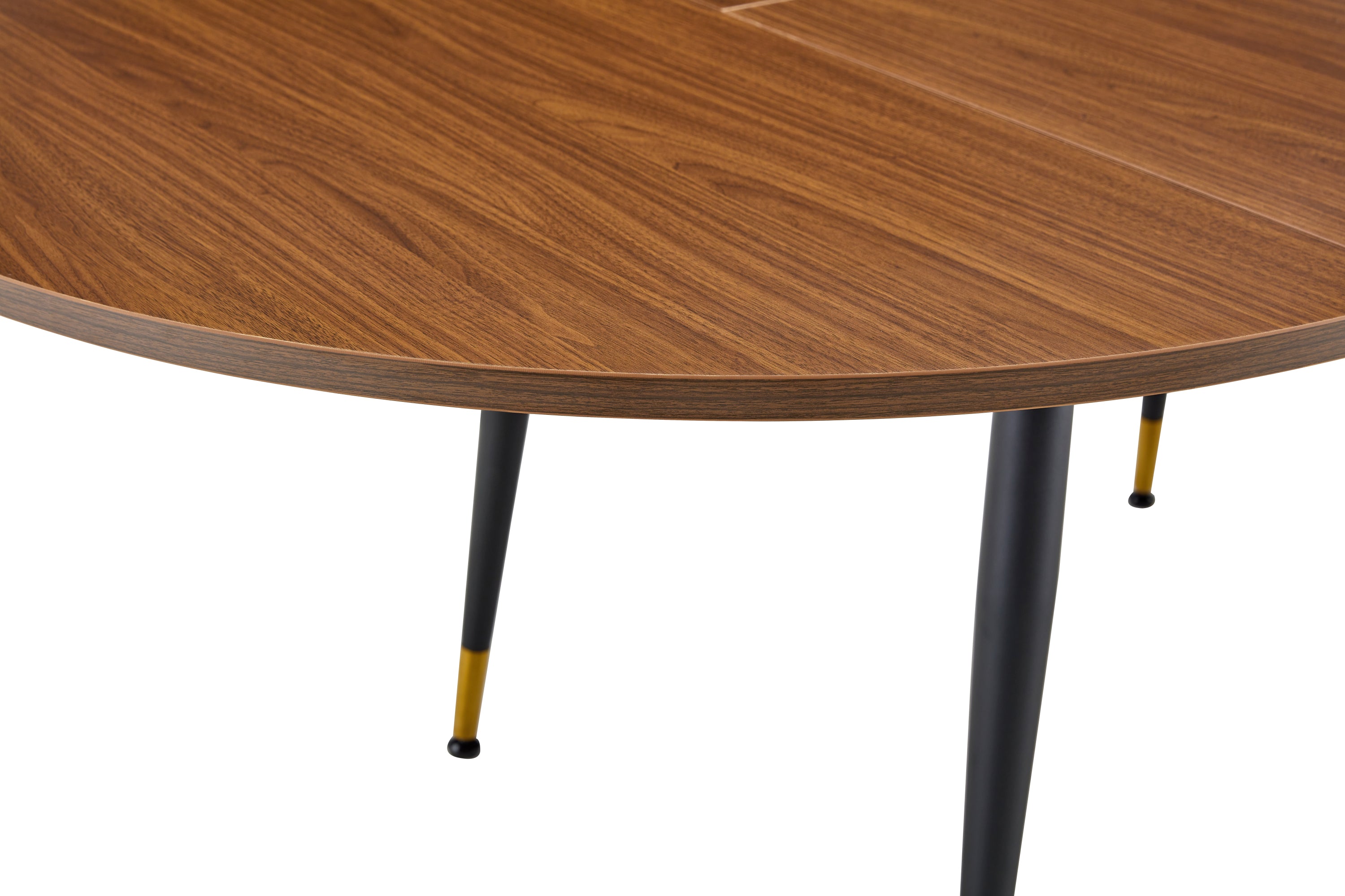 Studio view of the round table pulled apart with the metal slide rails exposed