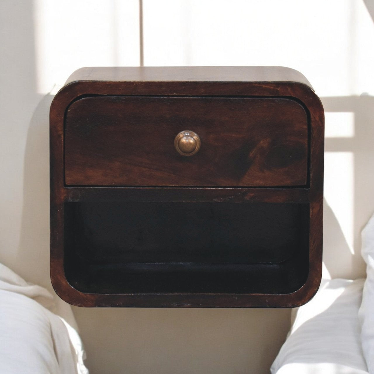 Mini Floating Nightstand, 1 Drawer and Open Slot, Walnut