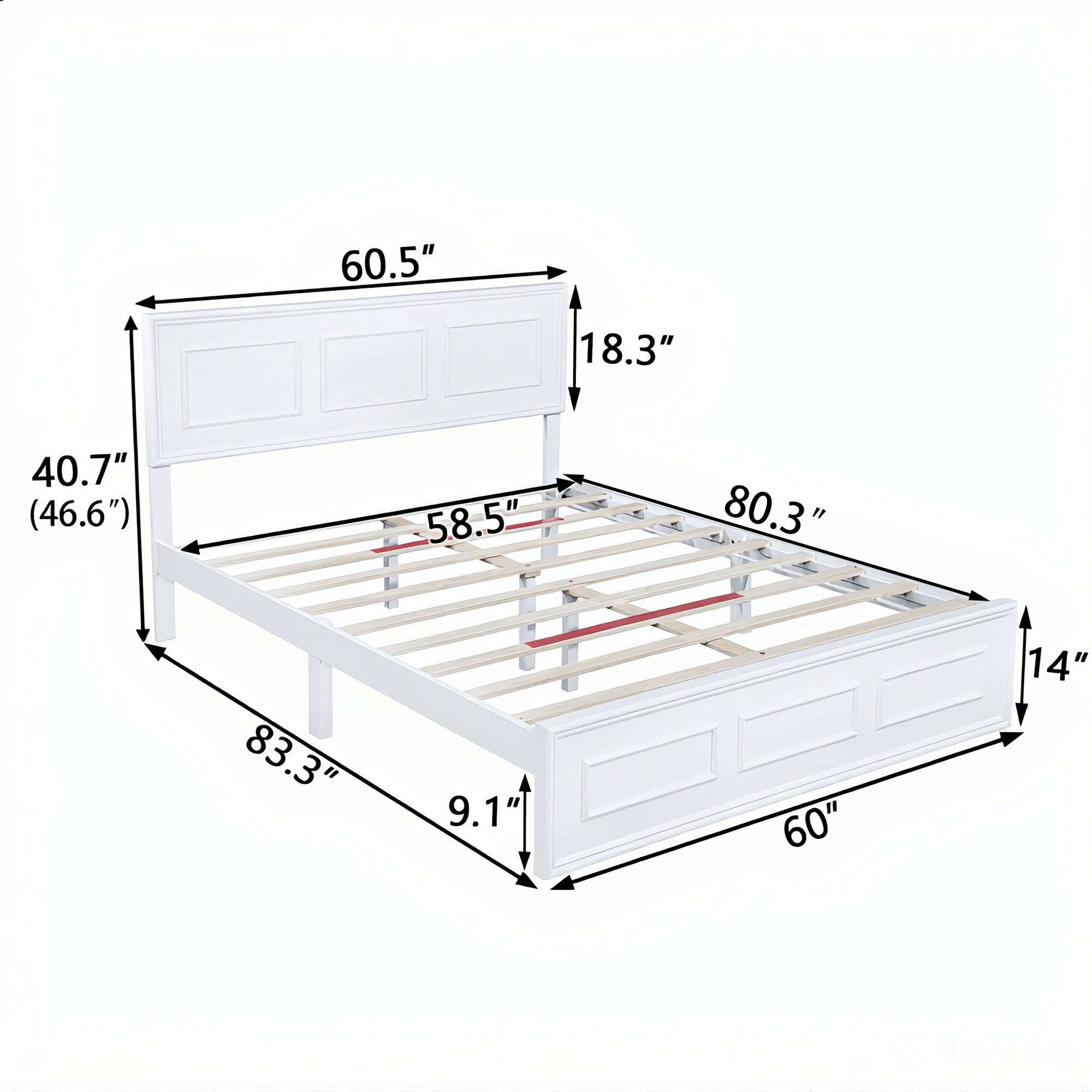Dimension diagram of the queen panel bed frame in white and rich brown: 83.3 in long, 60.5 in wide, 40.7 to 46.6 in headboard #Color_White