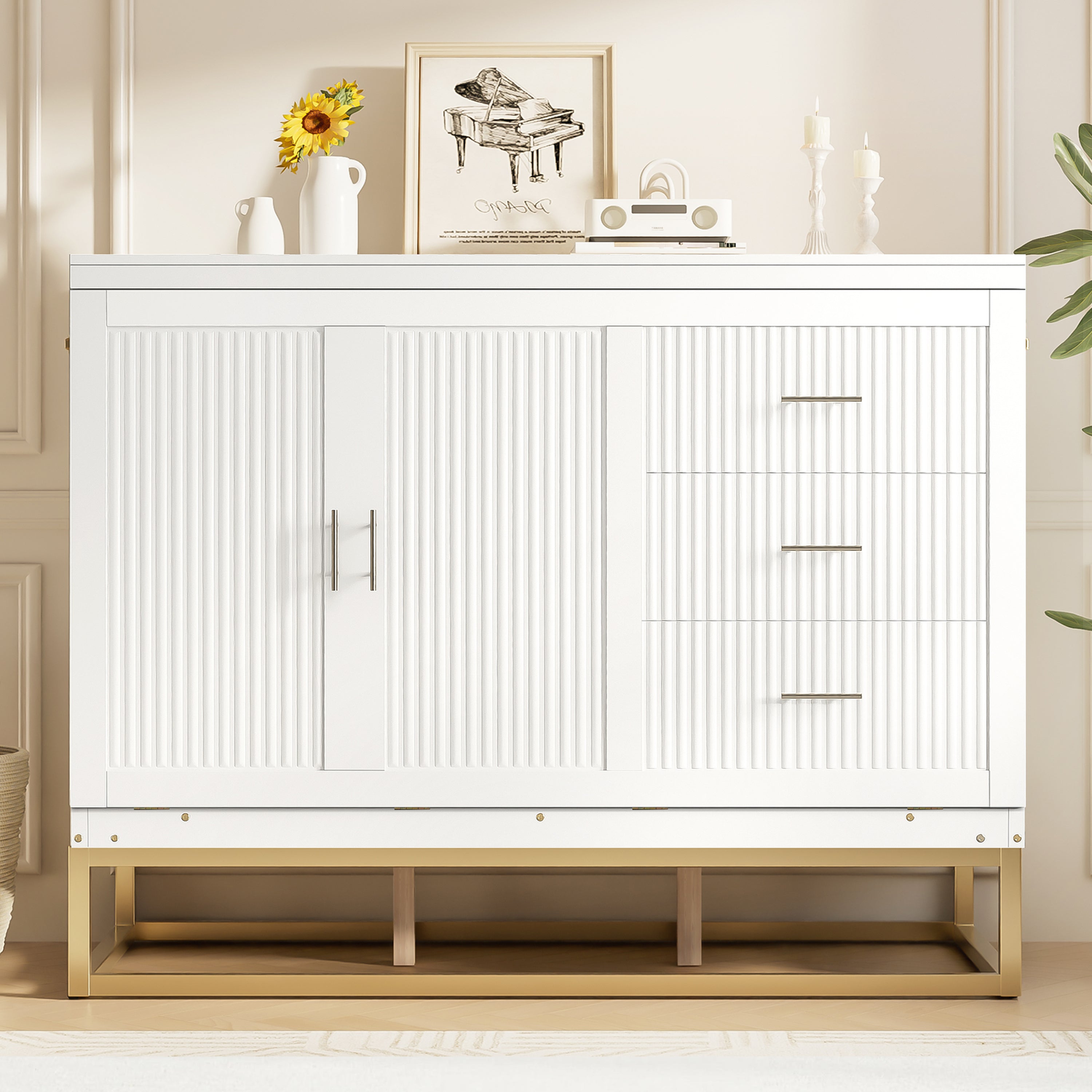 Queen Murphy Cabinet Bed with Storage Drawers, White