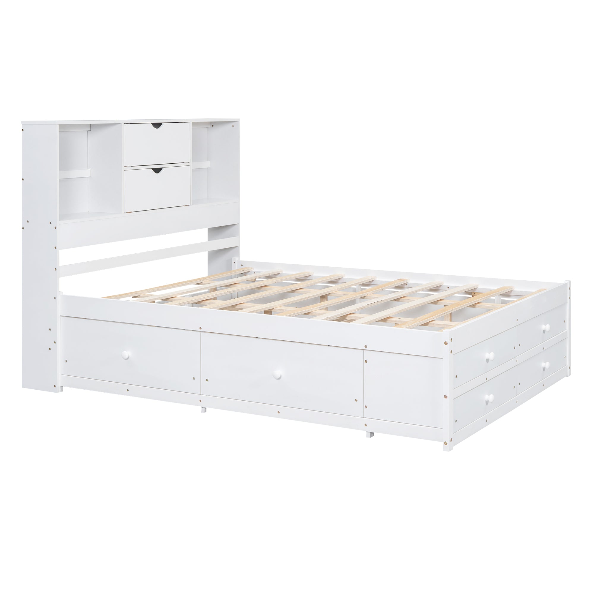 Angled bare studio view of the white bookcase-headboard queen bed with two headboard drawers