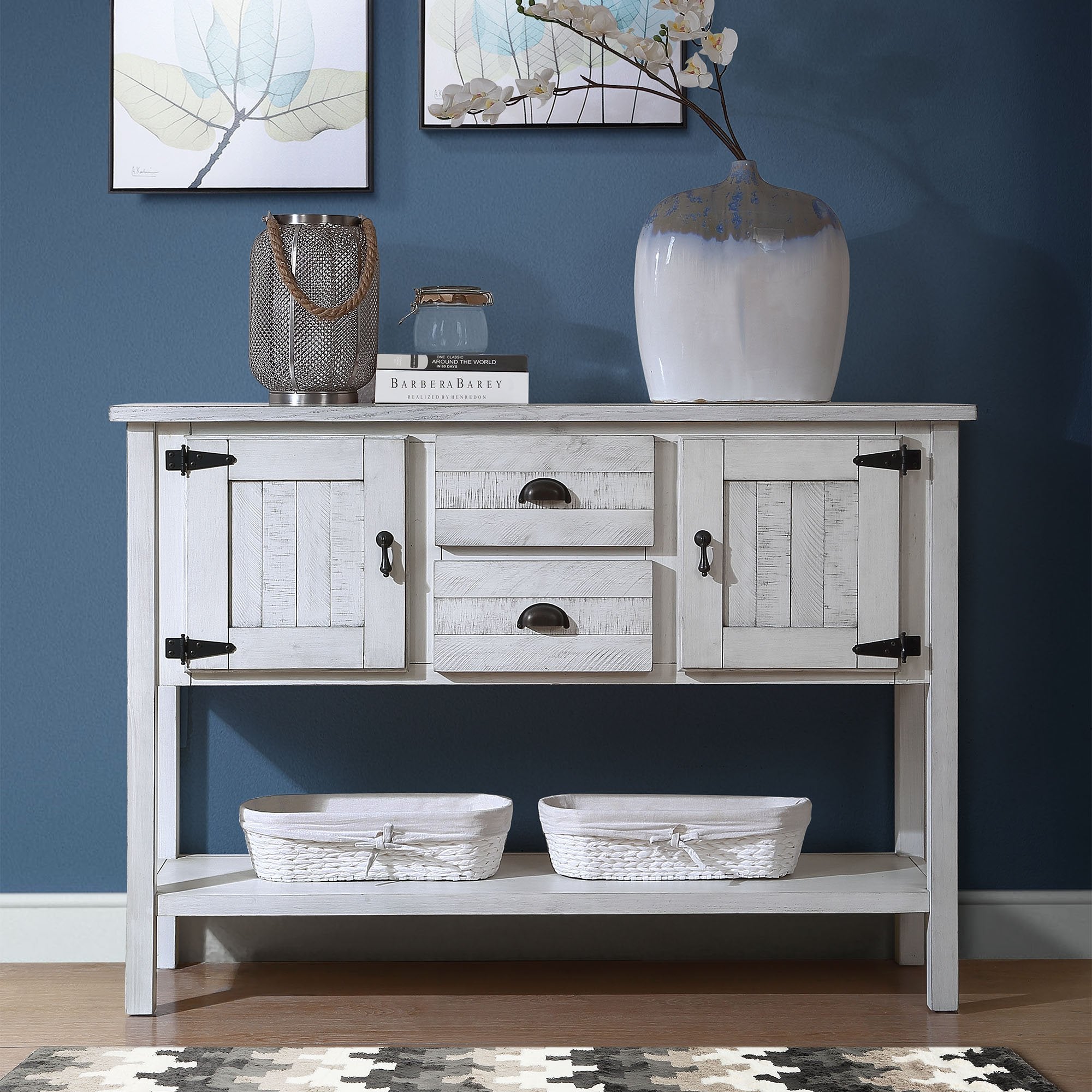 Antique White Sideboard, 46in Farmhouse Buffet, 2 Drawers